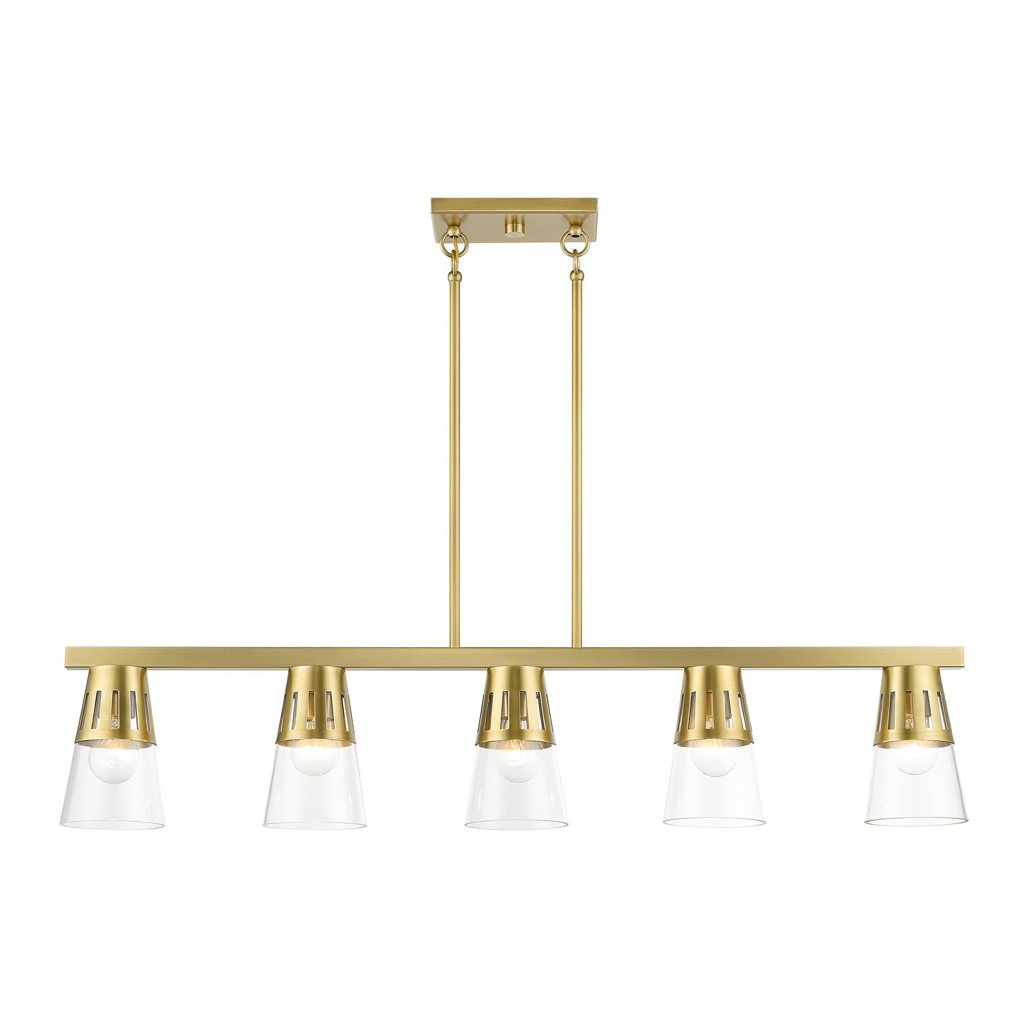 Shown in Natural Brass finish and Clear Hand Blown glass