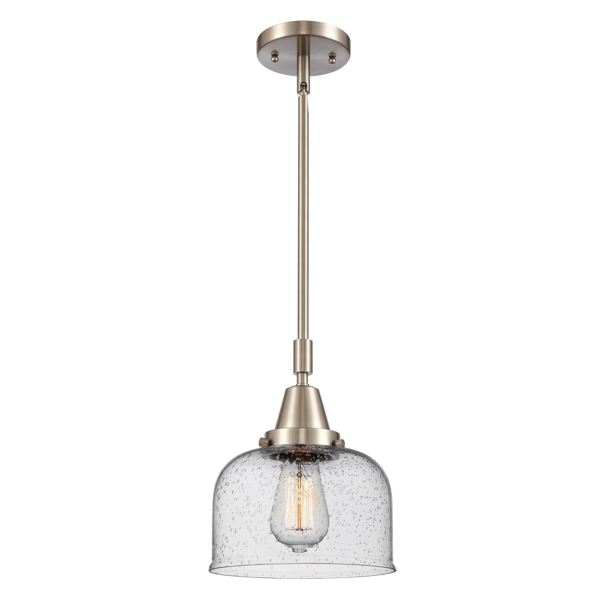 Shown in Brushed Satin Nickel finish and Seedy Large Bell glass
