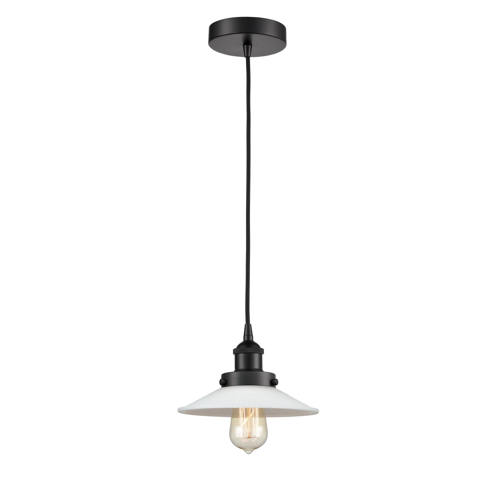 Shown in Matte Black finish and White Halophane glass