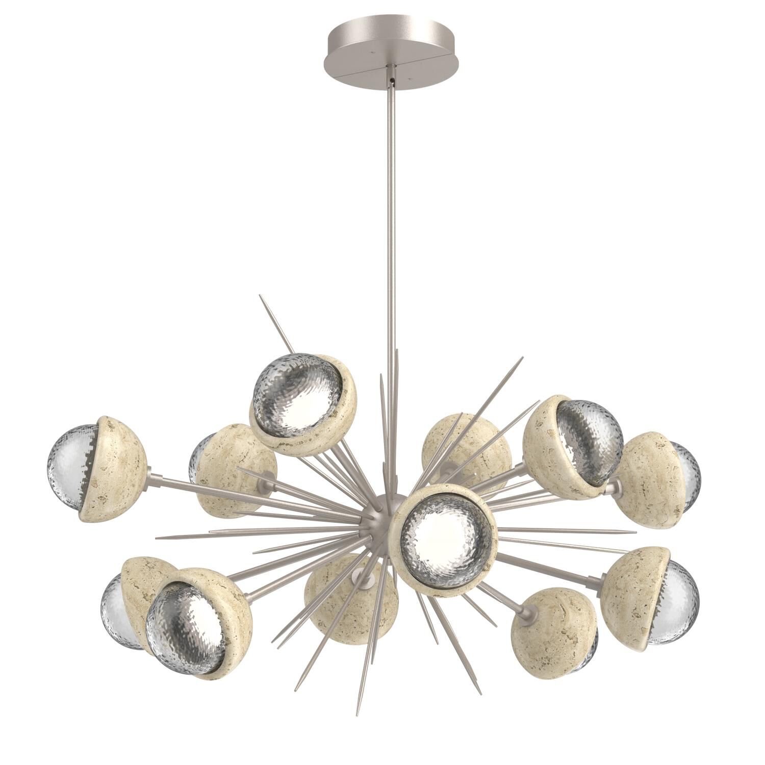 Shown in Beige Silver finish and Clear glass and Travertine Stone accent