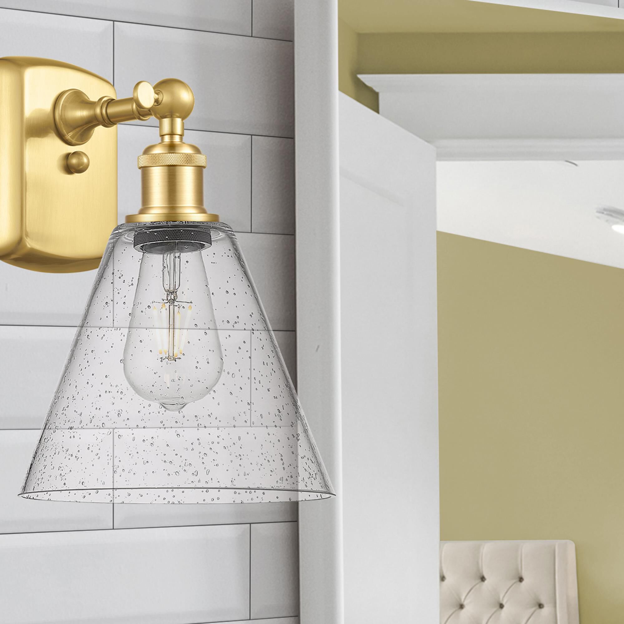 Shown in Satin Gold finish and Seedy Ballston Cone glass and No Shade shade
