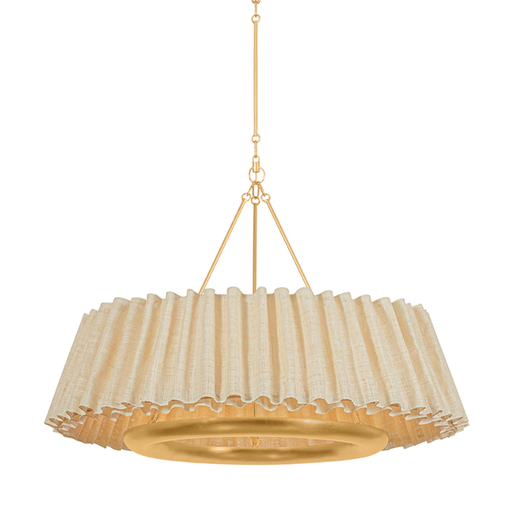 Shown in Vintage Gold Leaf finish and Raffia Ruffle Natural Woven shade