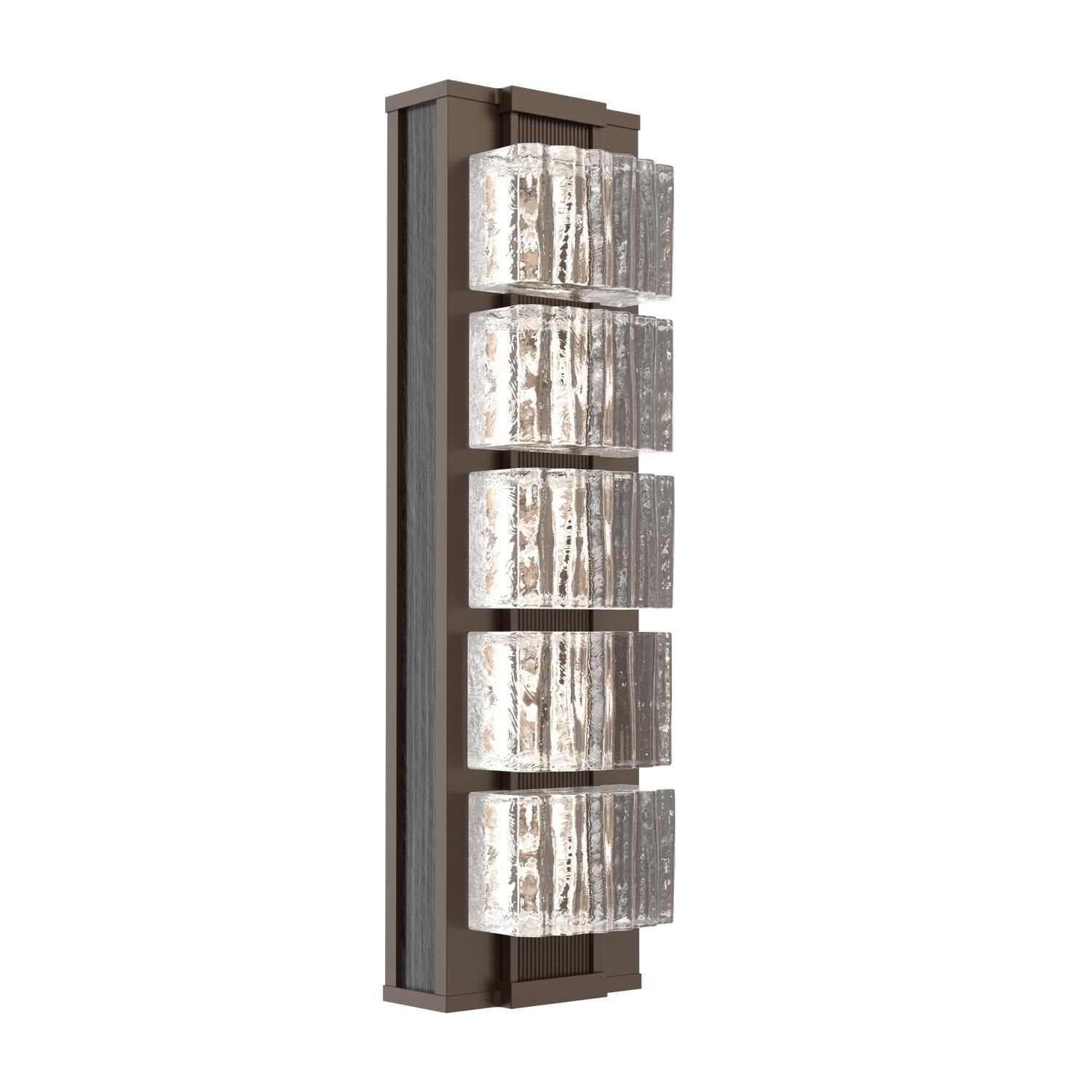 Shown in Flat Bronze finish and Clear Ribbed glass and Dark Oak accent