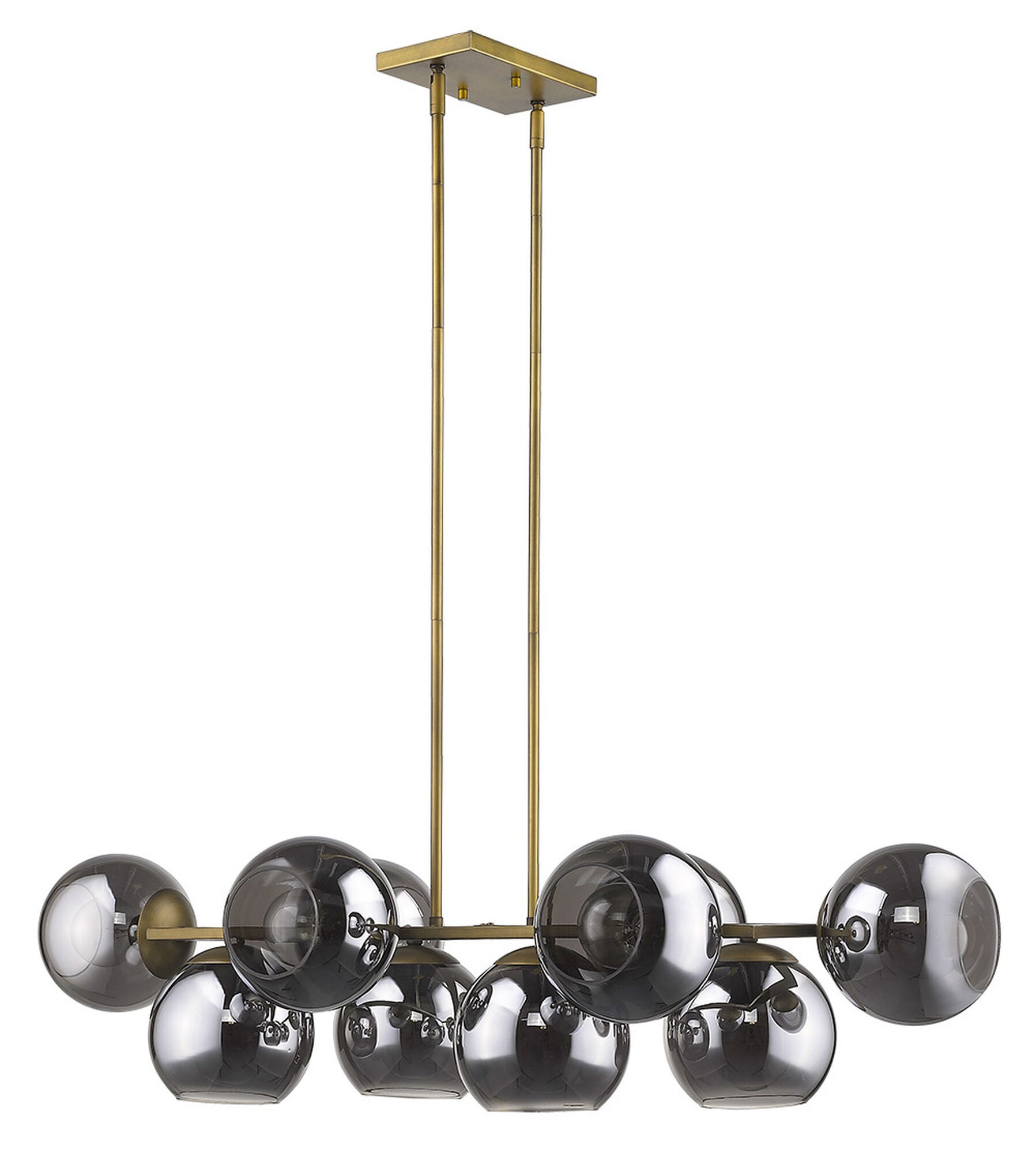 Shown in Aged Brass finish and Smoke glass and Smoke Glass Globes shade