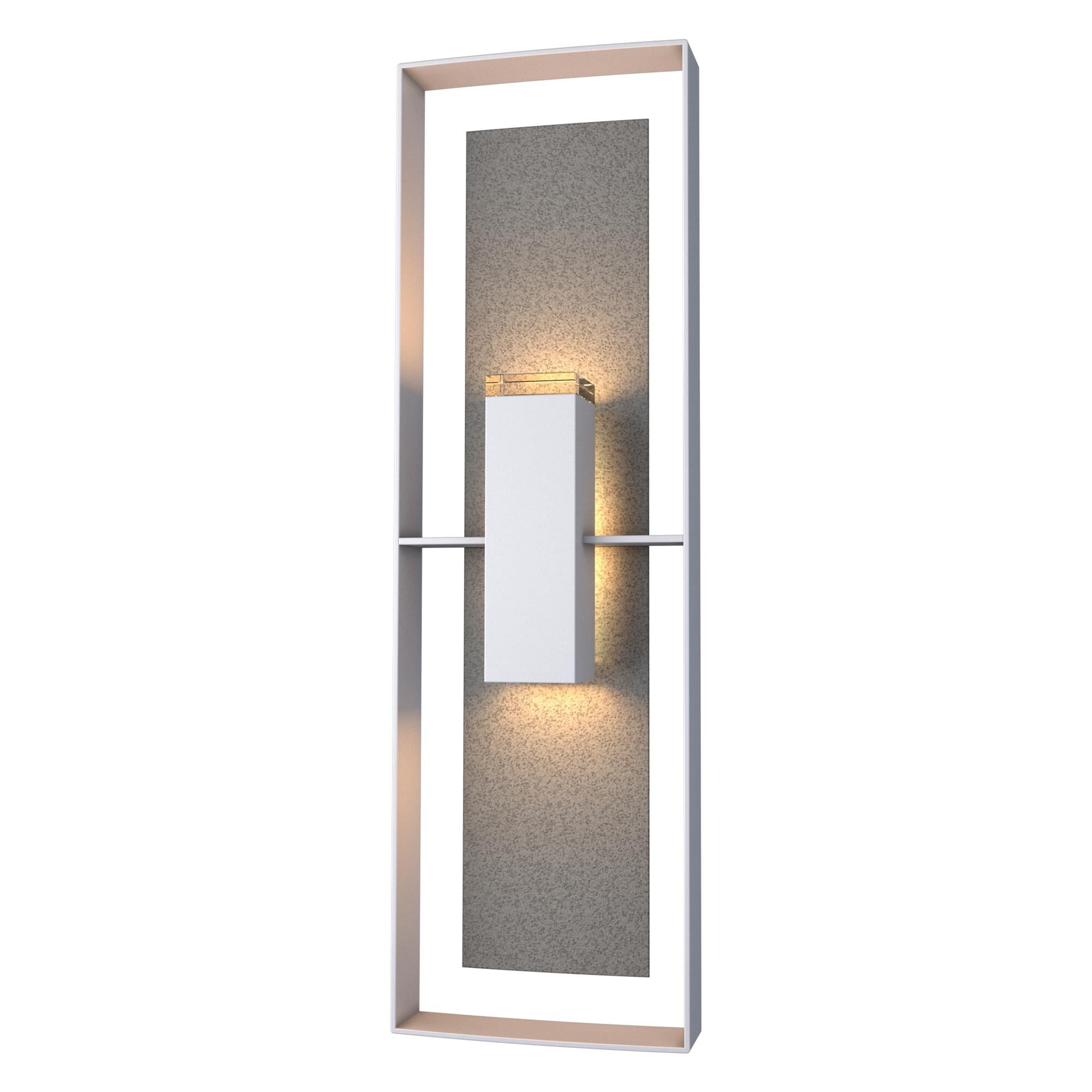 Shown in Coastal Burnished Steel finish and Clear glass and Natural Iron accent
