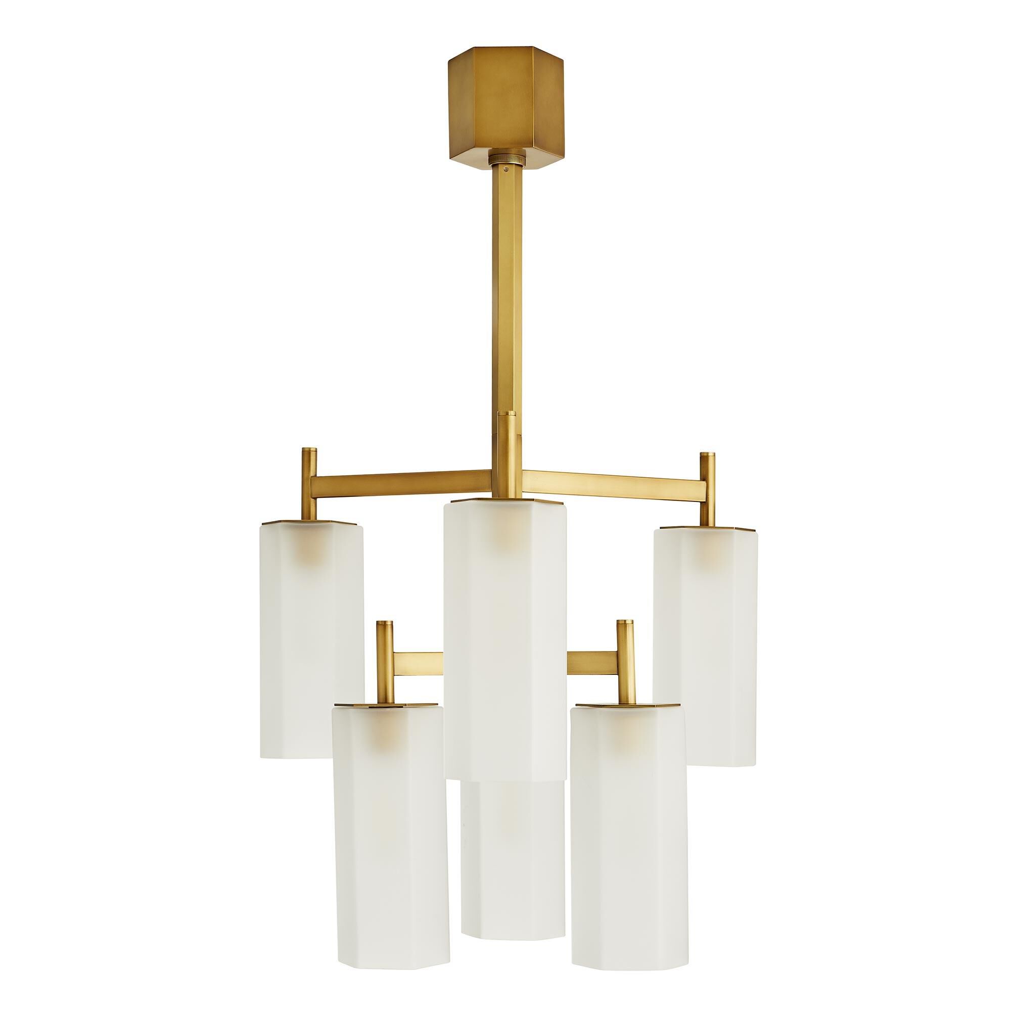 Shown in Antique Brass finish and Frosted glass