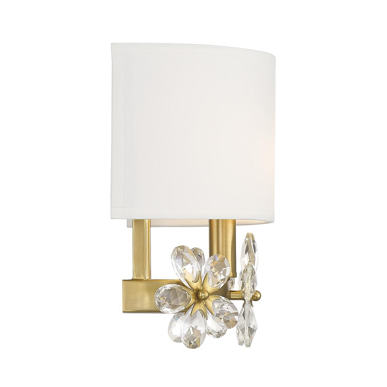 Shown in Warm Brass finish and Clear crystal and White Linen Fabric shade