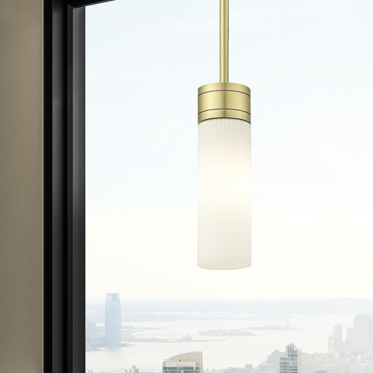 Shown in Antique Brass finish and Striped White glass