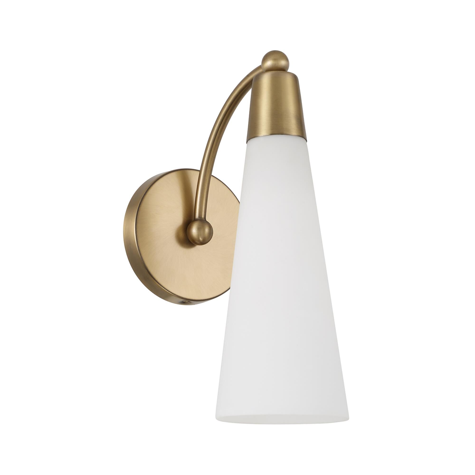 Shown in Aged Brass finish and Soft White glass