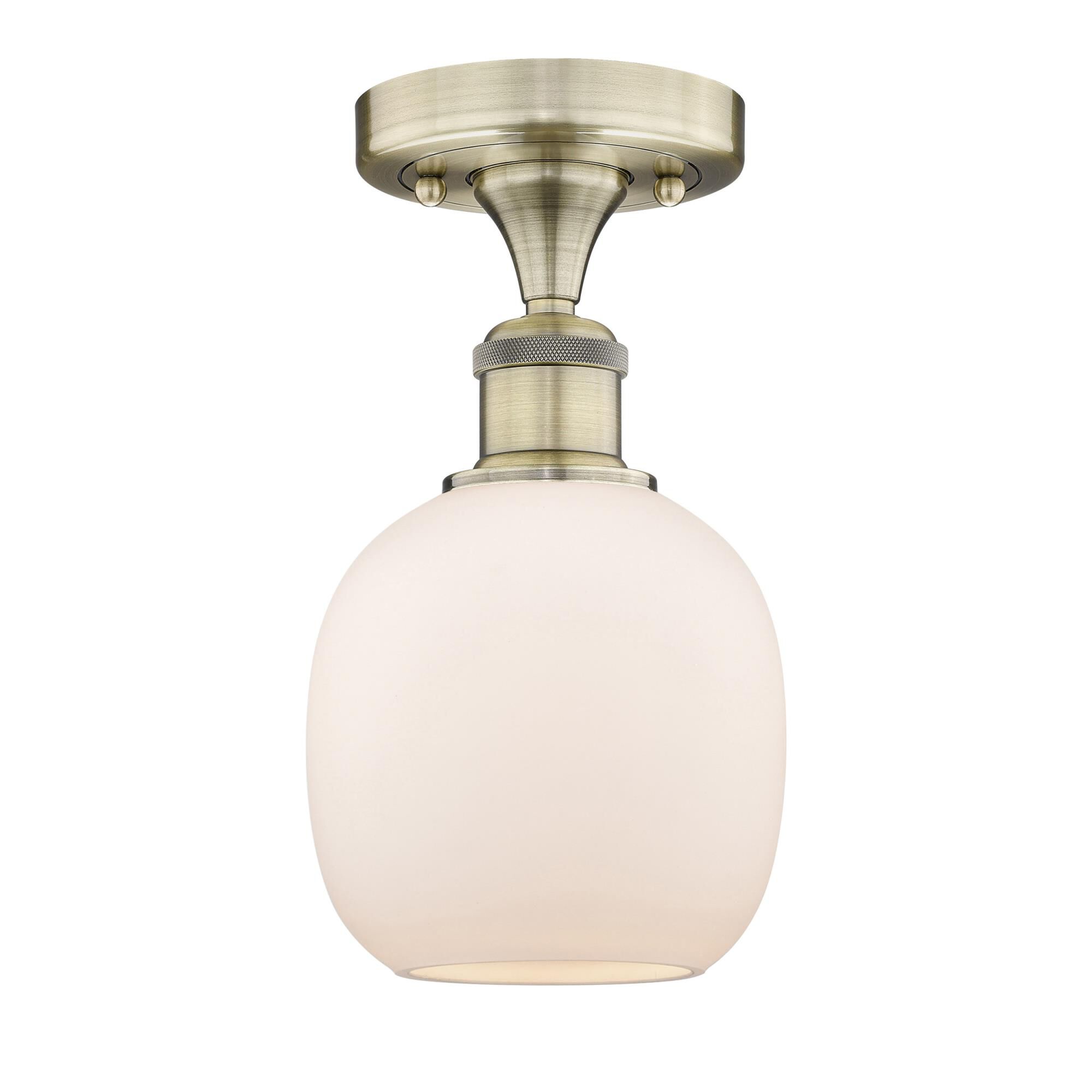 Shown in Antique Brass finish and Matte White glass