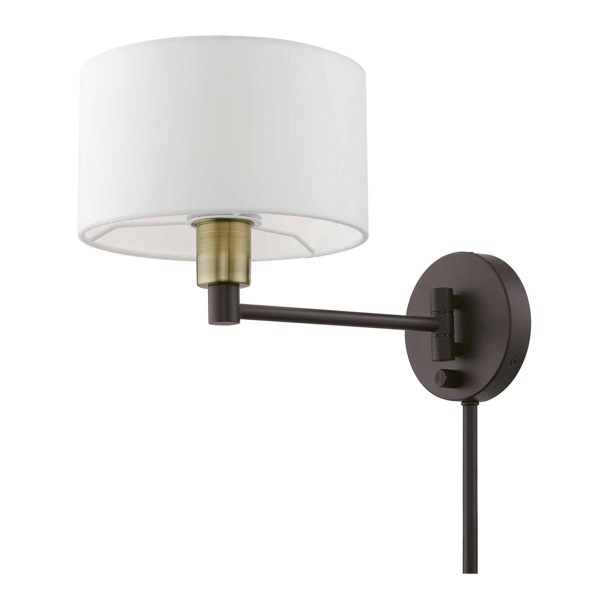 Shown in Bronze with Antique Brass Accent finish and Hand Crafted Off-White Hardback Fabric shade