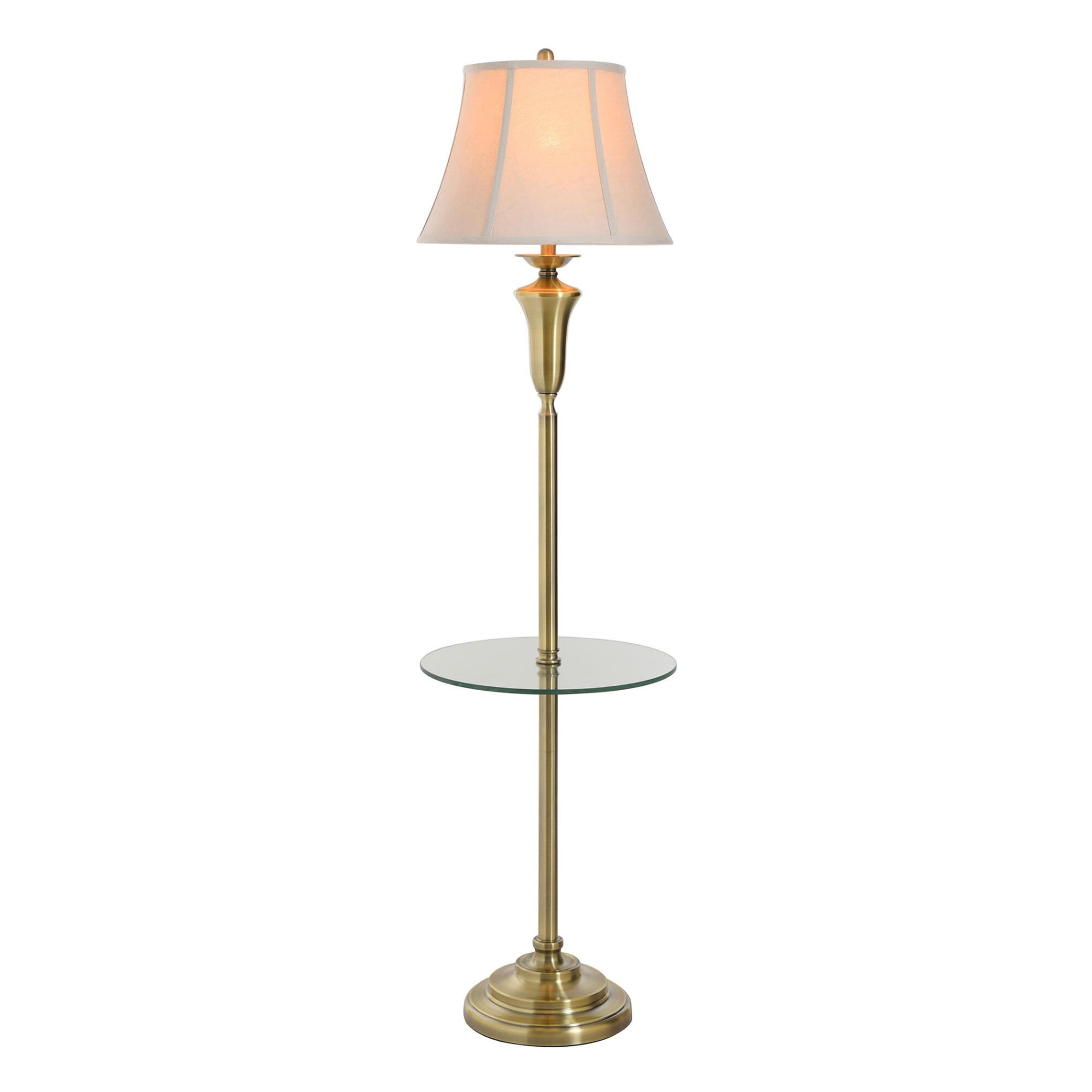 Shown in Antique Brass finish and Natural Linen Fabric shade