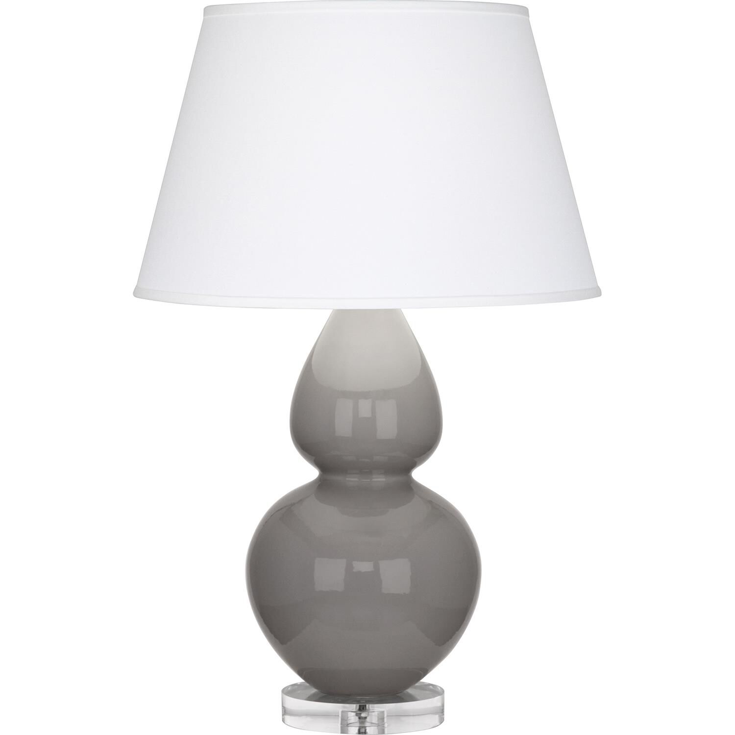Shown in Smoky Taupe Glazed Ceramic With Lucite Base finish and Pearl Dupioni Fabric shade