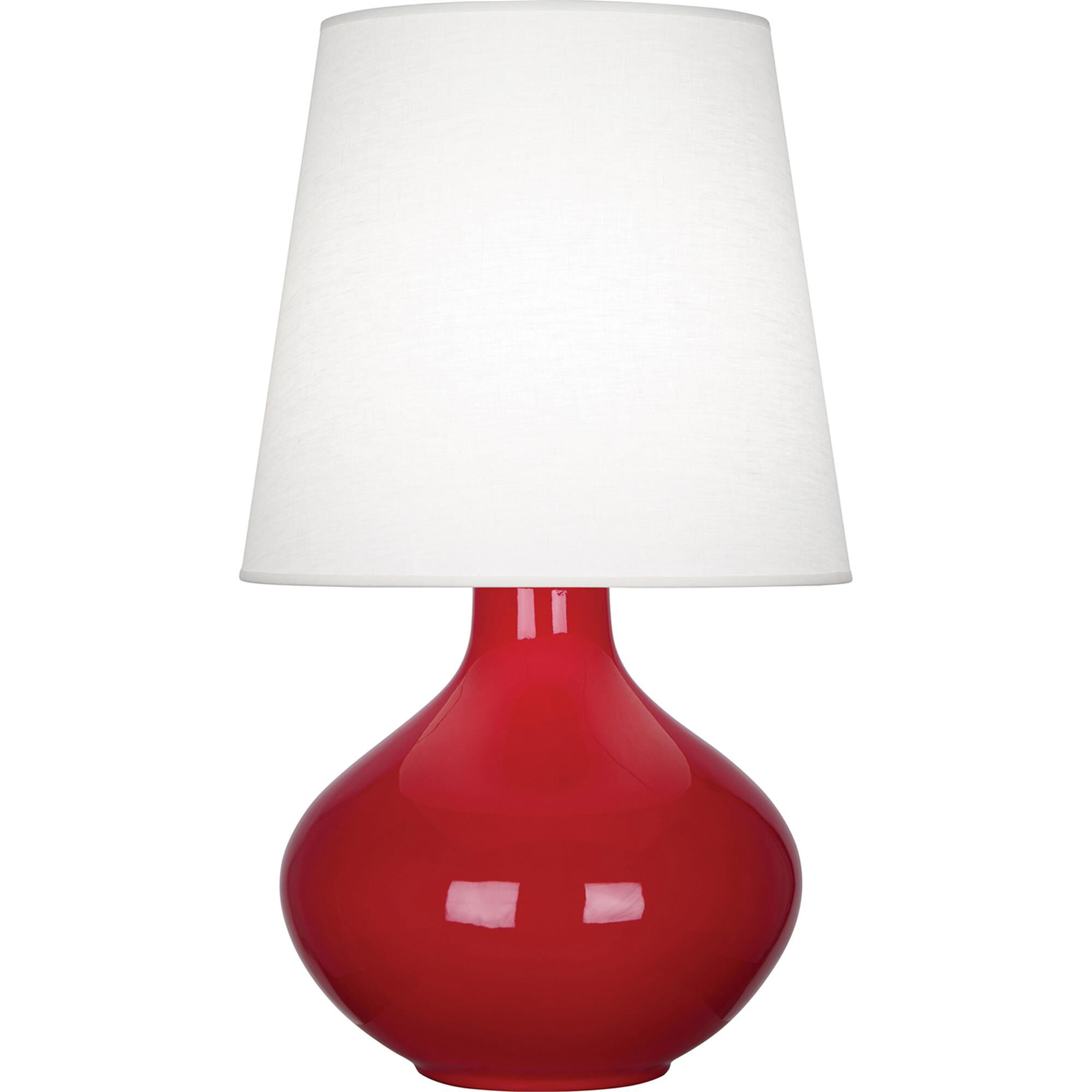 Shown in Ruby Red Glazed Ceramic finish and Oyster Linen shade