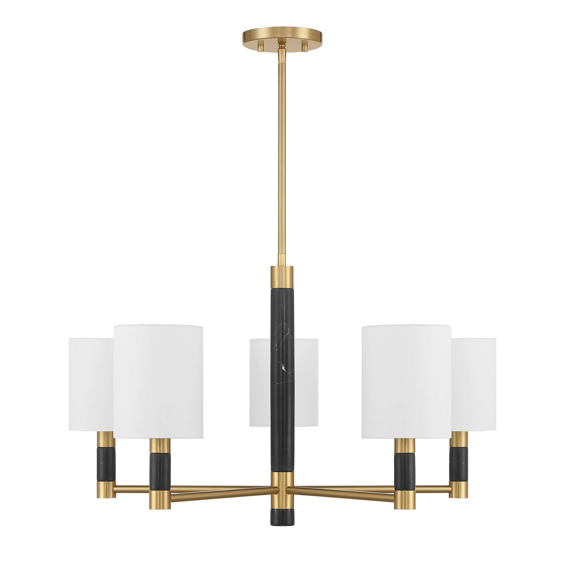 Shown in Warm Brass finish and White Fabric shade and Black Marble accent