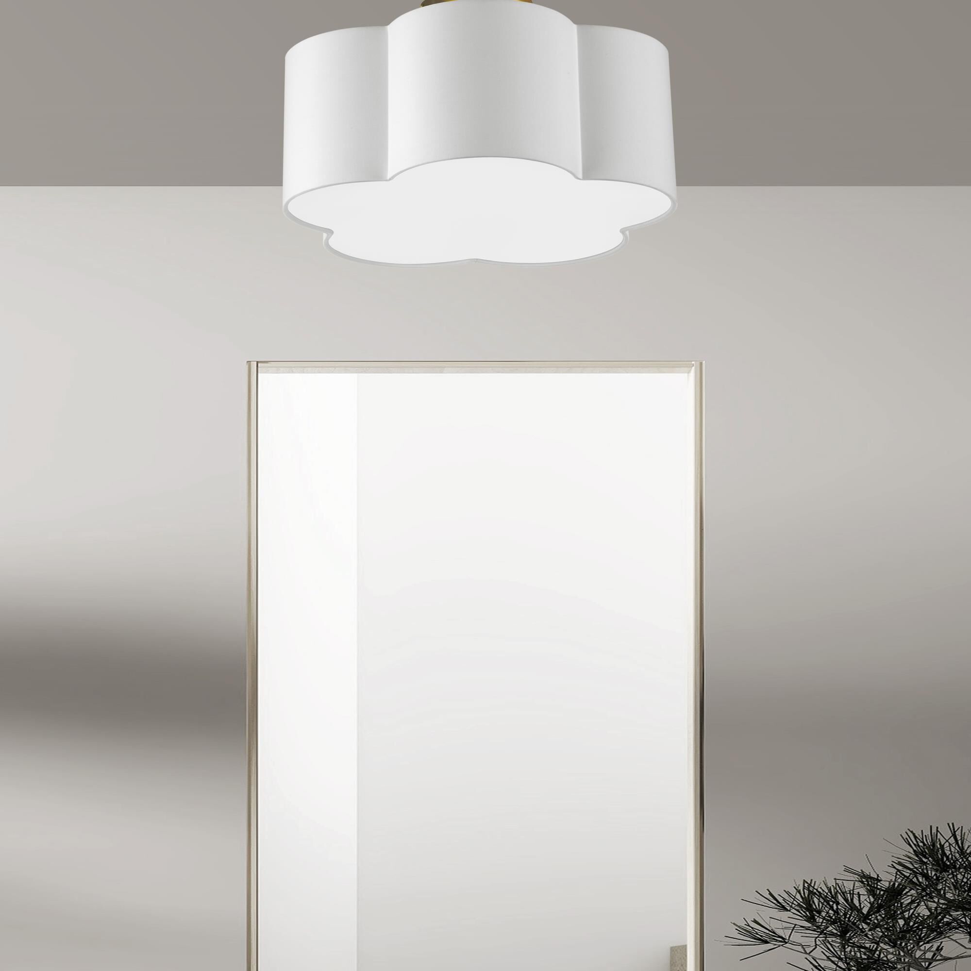 Shown in White and Polished Chrome finish and White Fabric Scallop shade