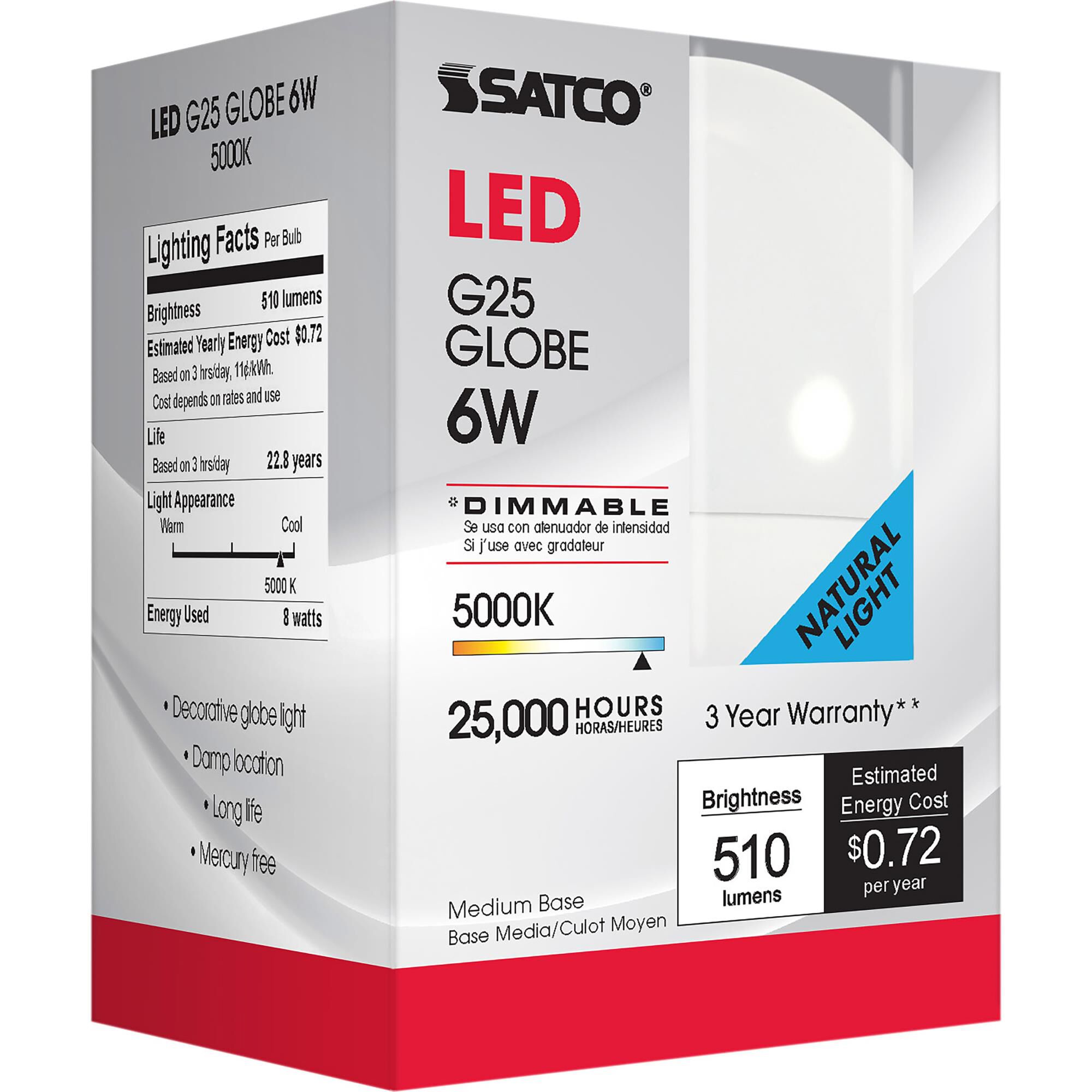 6 Watt 5000K G25 LED Light Bulb,