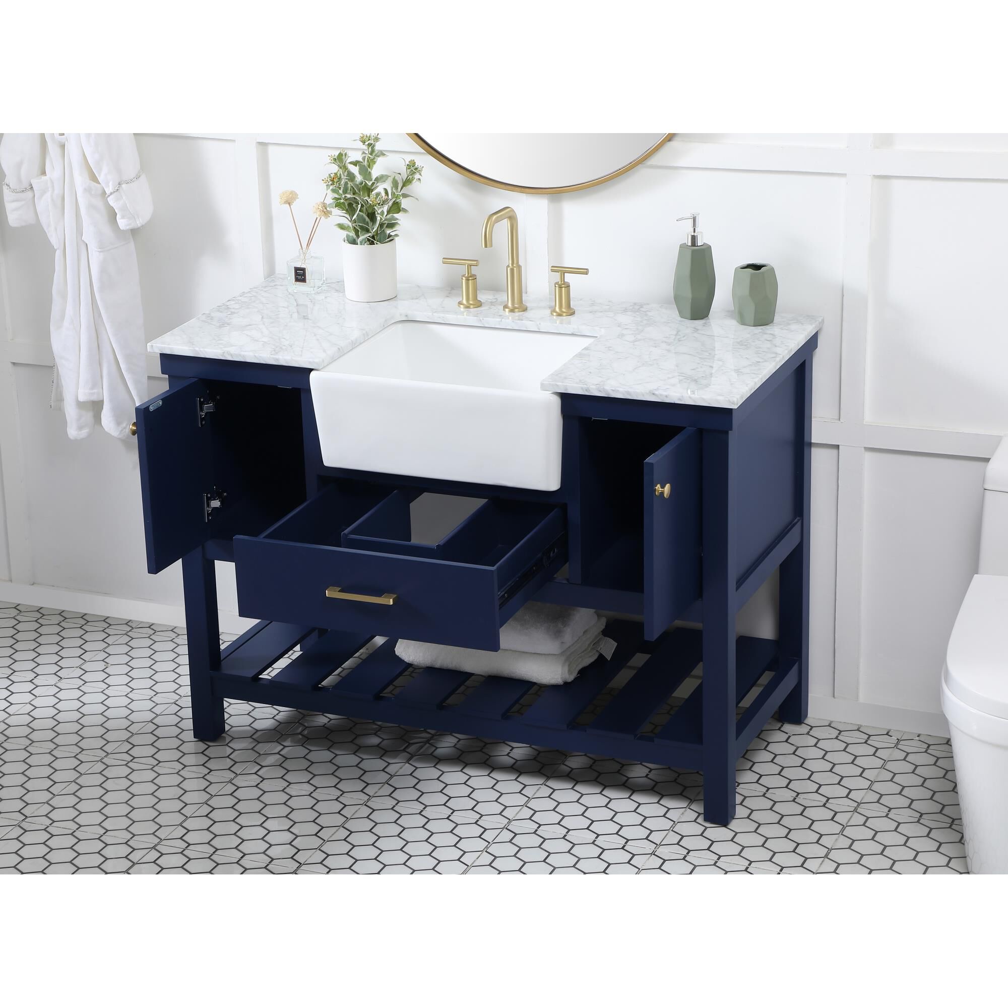 Shown in Blue finish and Without Backsplash accent