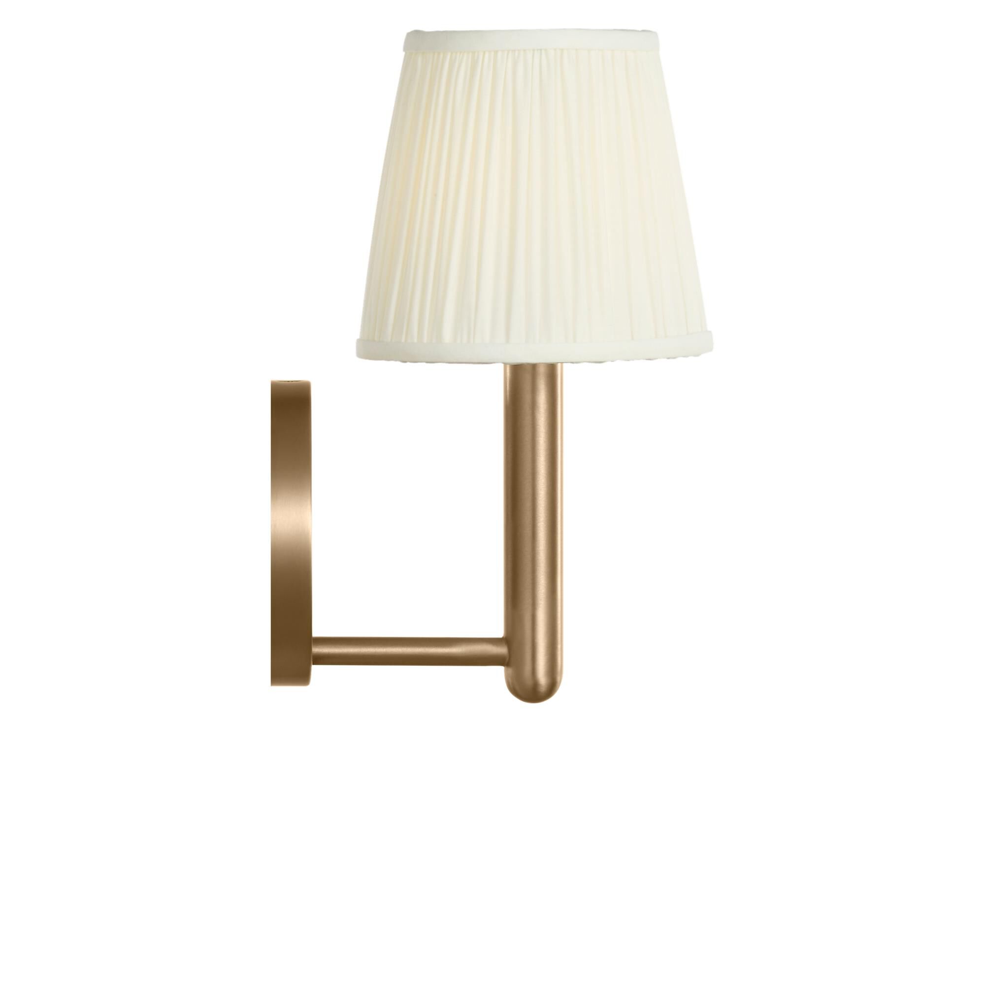 Shown in Satin Brass finish and Mushroom Pleat Fabric shade