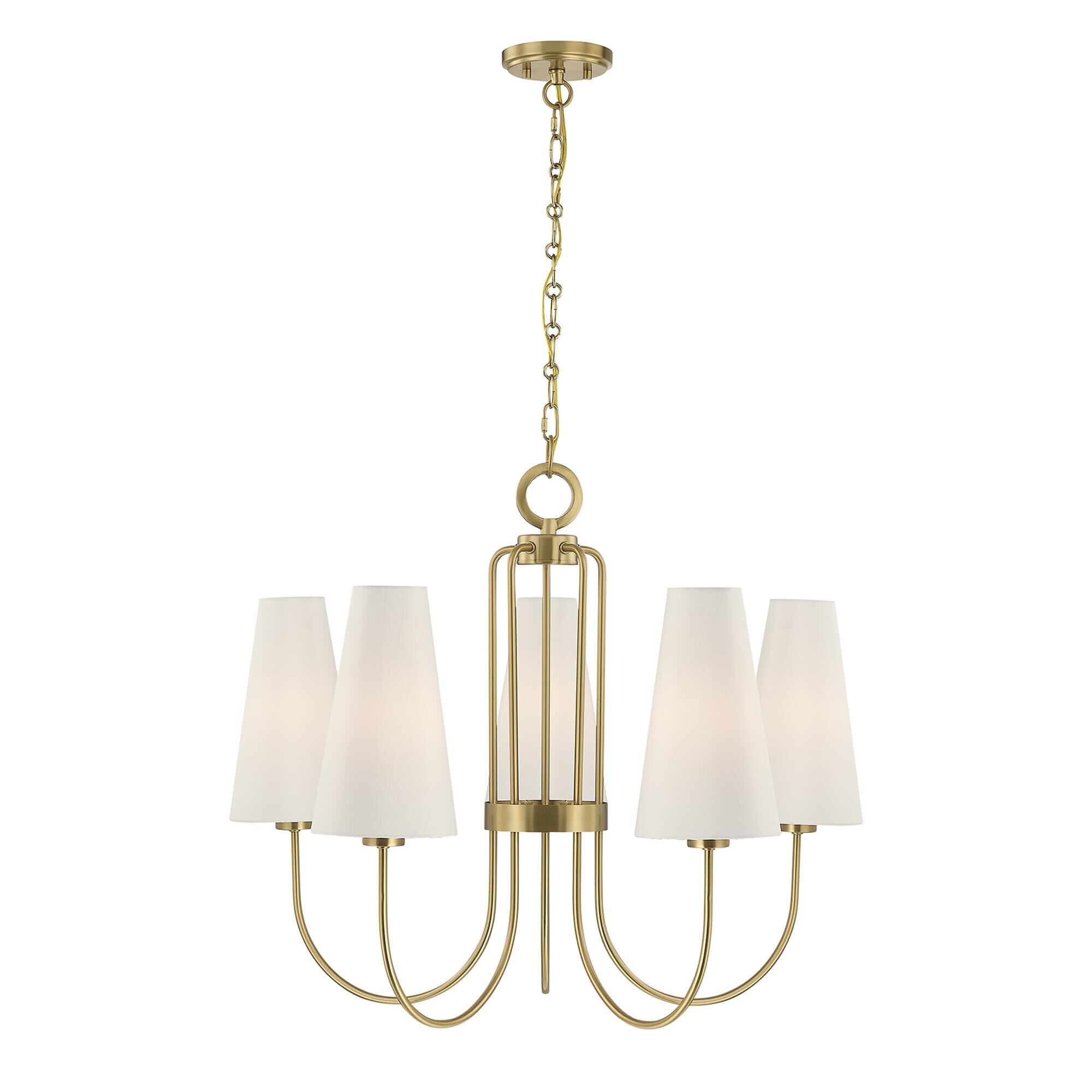 Shown in Warm Brass finish and White Fabric shade