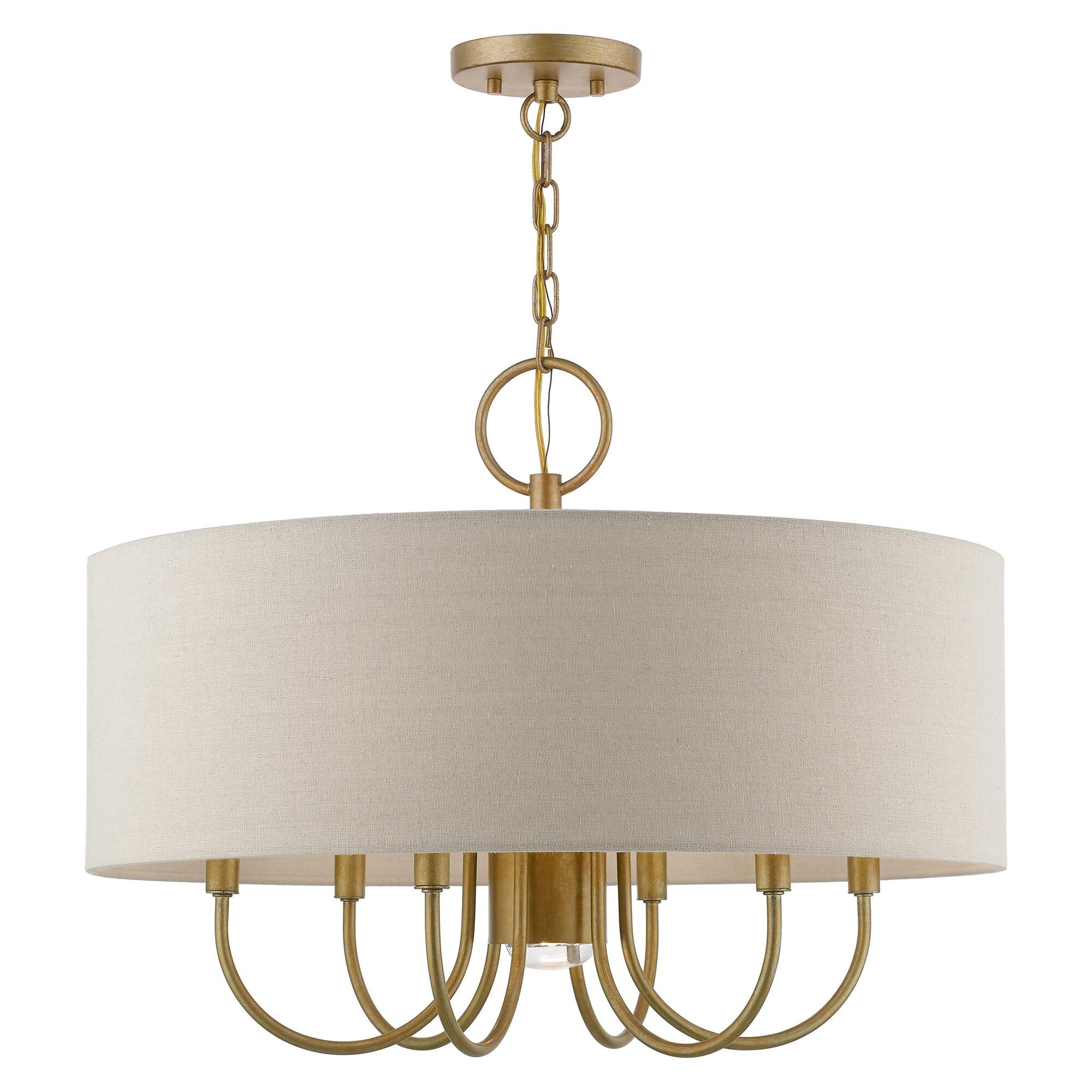 Shown in Antique Gold Leaf with White Accents finish and Hand Crafted Ash-Gray Hardback Fabric shade
