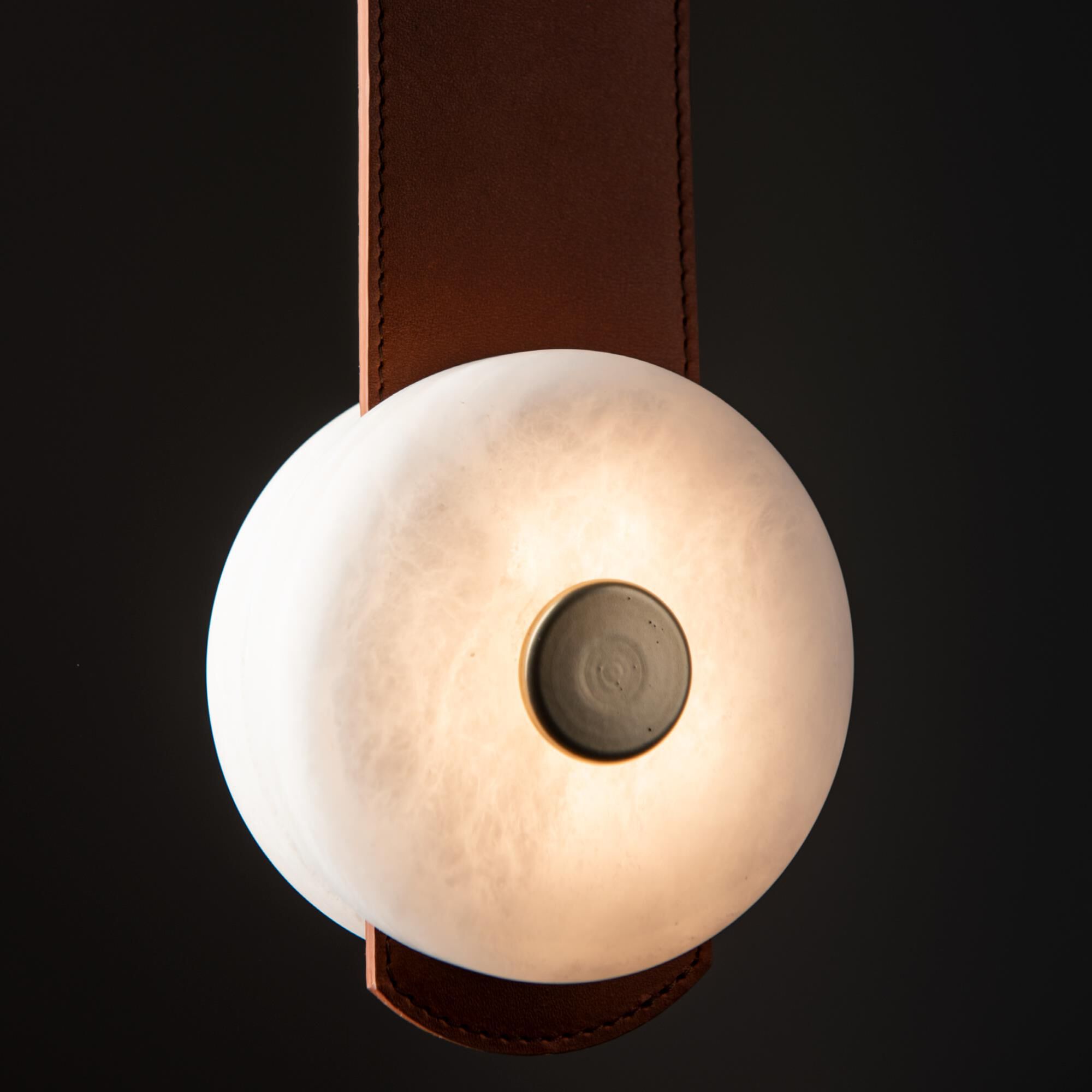 Shown in Modern Brass finish and Alabaster shade and Chestnut accent