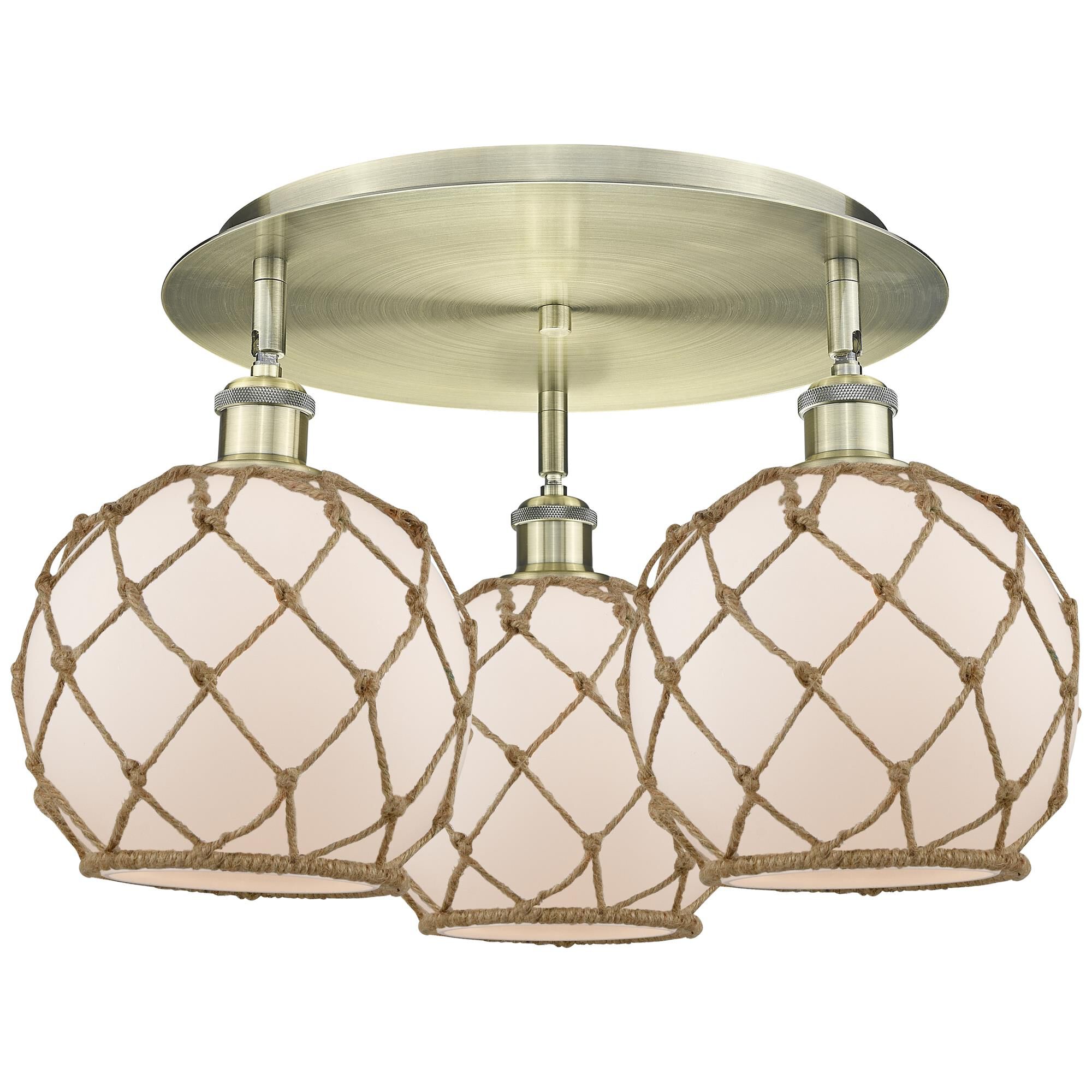 Shown in Antique Brass finish and White with Brown Rope glass