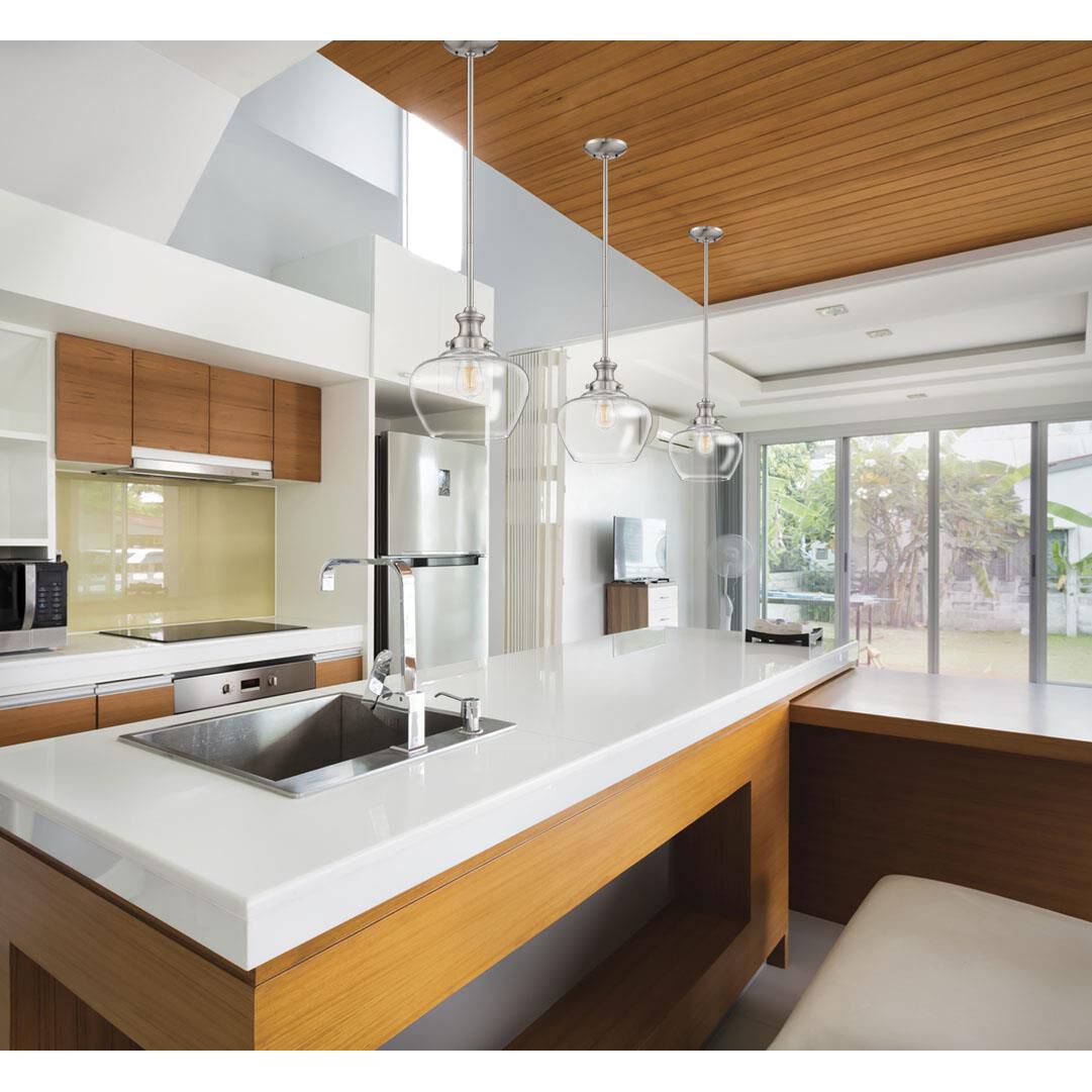 Shown in Brushed Nickel finish and Clear glass