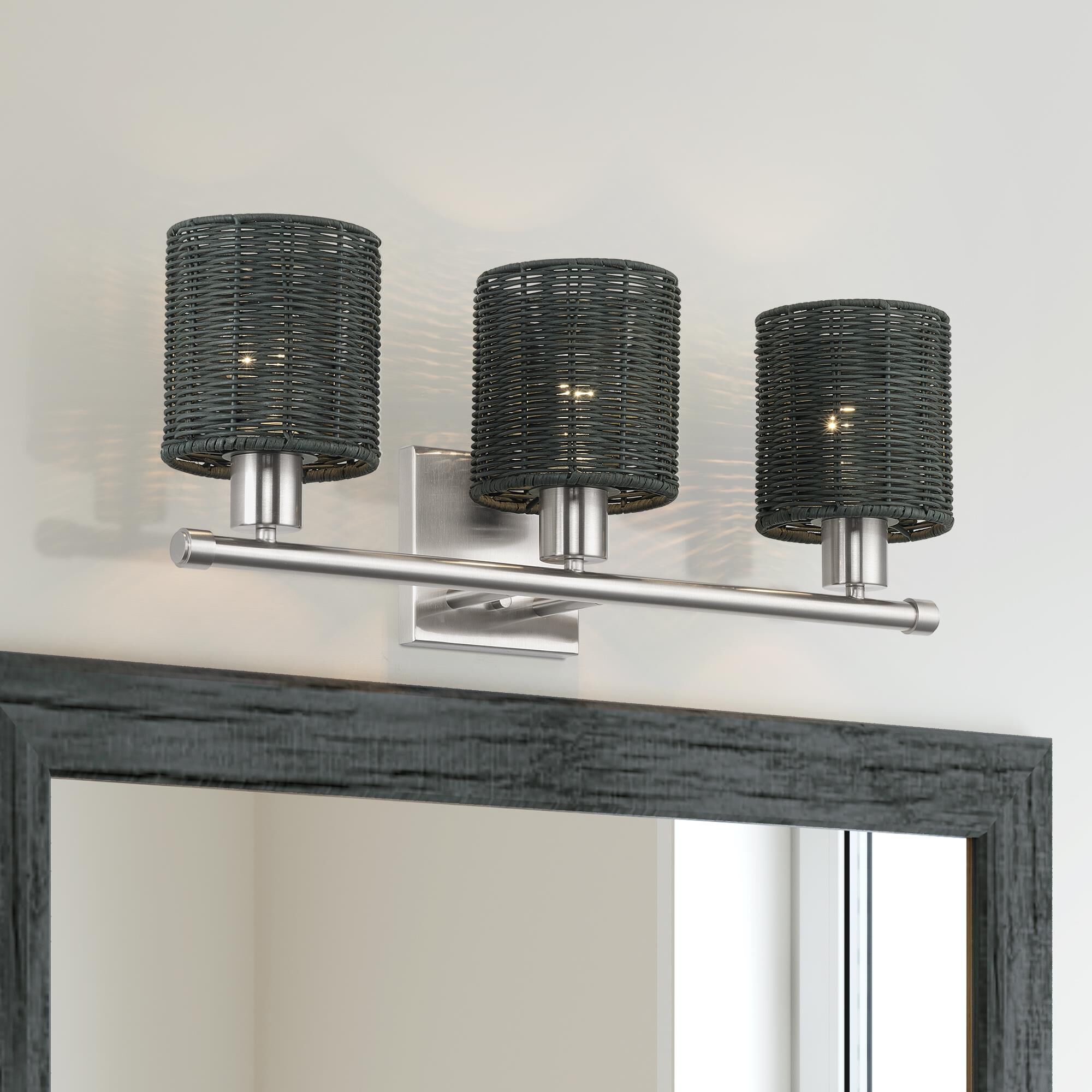 Shown in Brushed Nickel finish and Hand-Woven Charred Gray Color Rattan shade