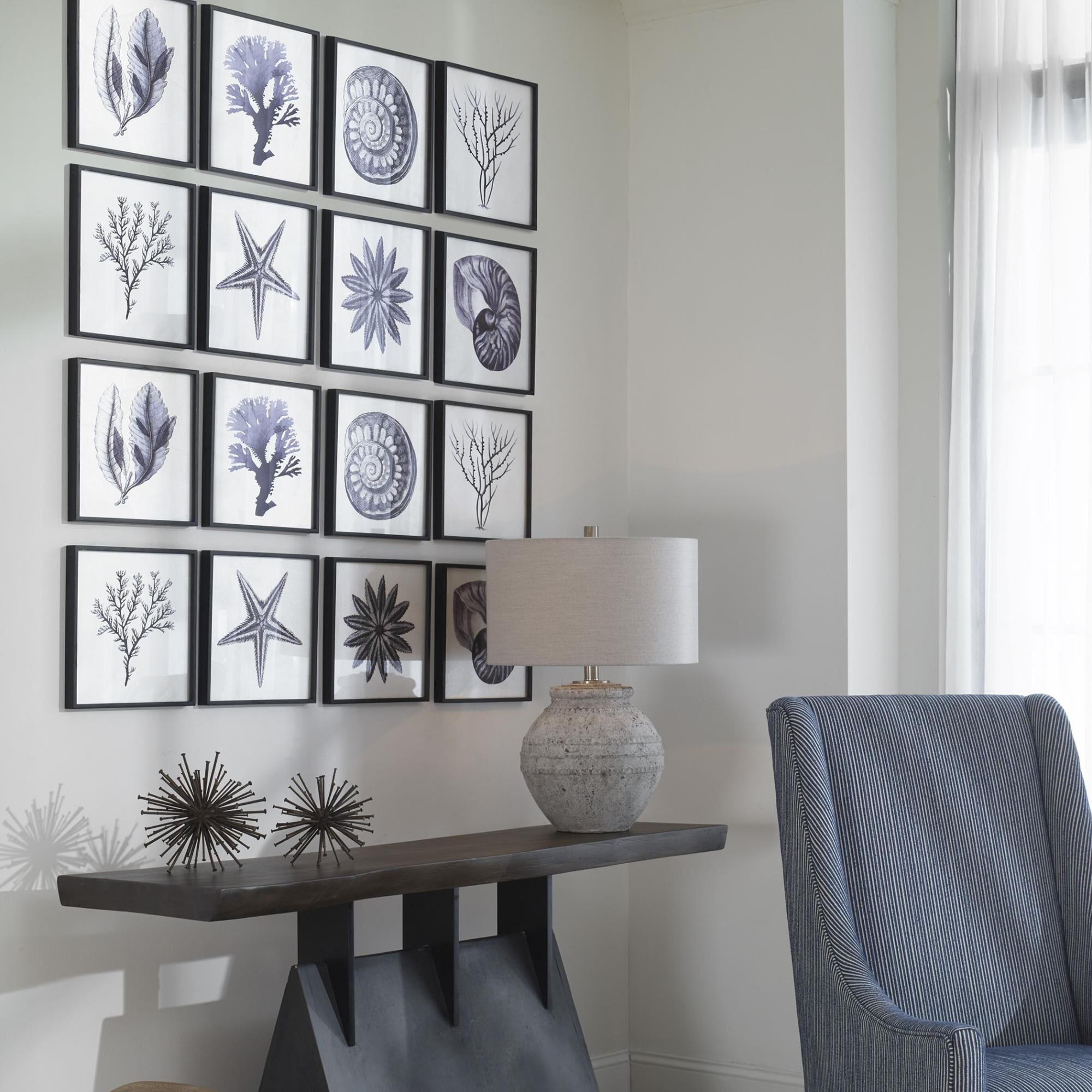 Shown in Clean Coastal Artwork, Black And White Story, Simple Black Frame, Black Coastal Shells Back Painted  finish