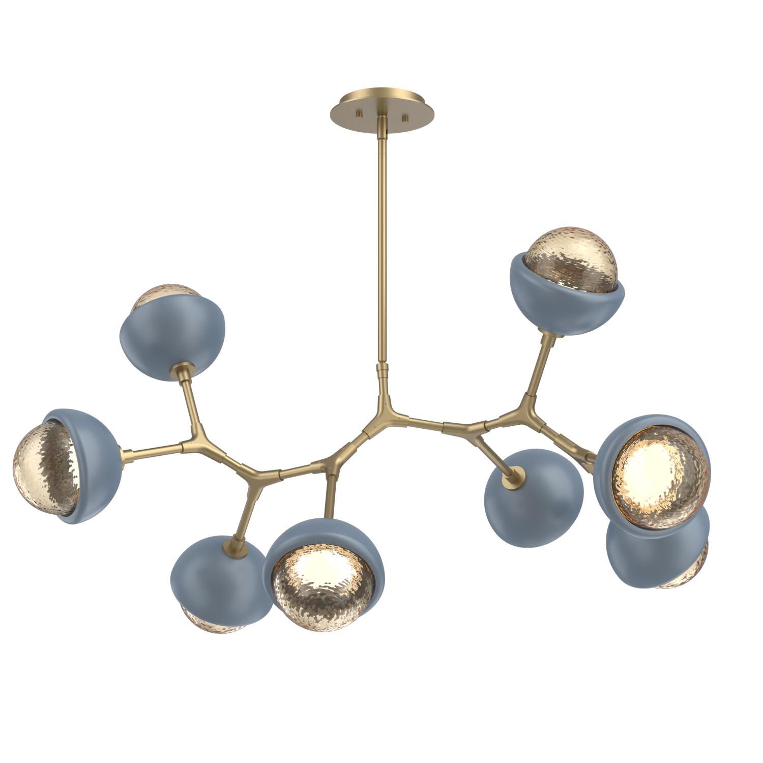 Shown in Gilded Brass finish and Amber glass and Poppy Blue accent