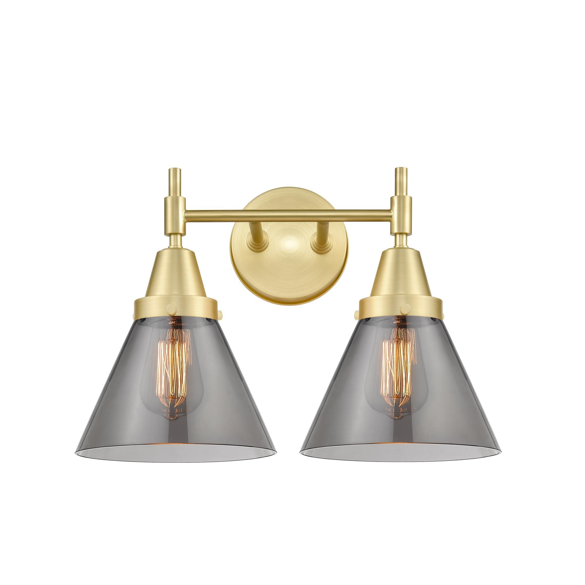 Shown in Satin Brass finish and Plated Smoke Large Cone glass
