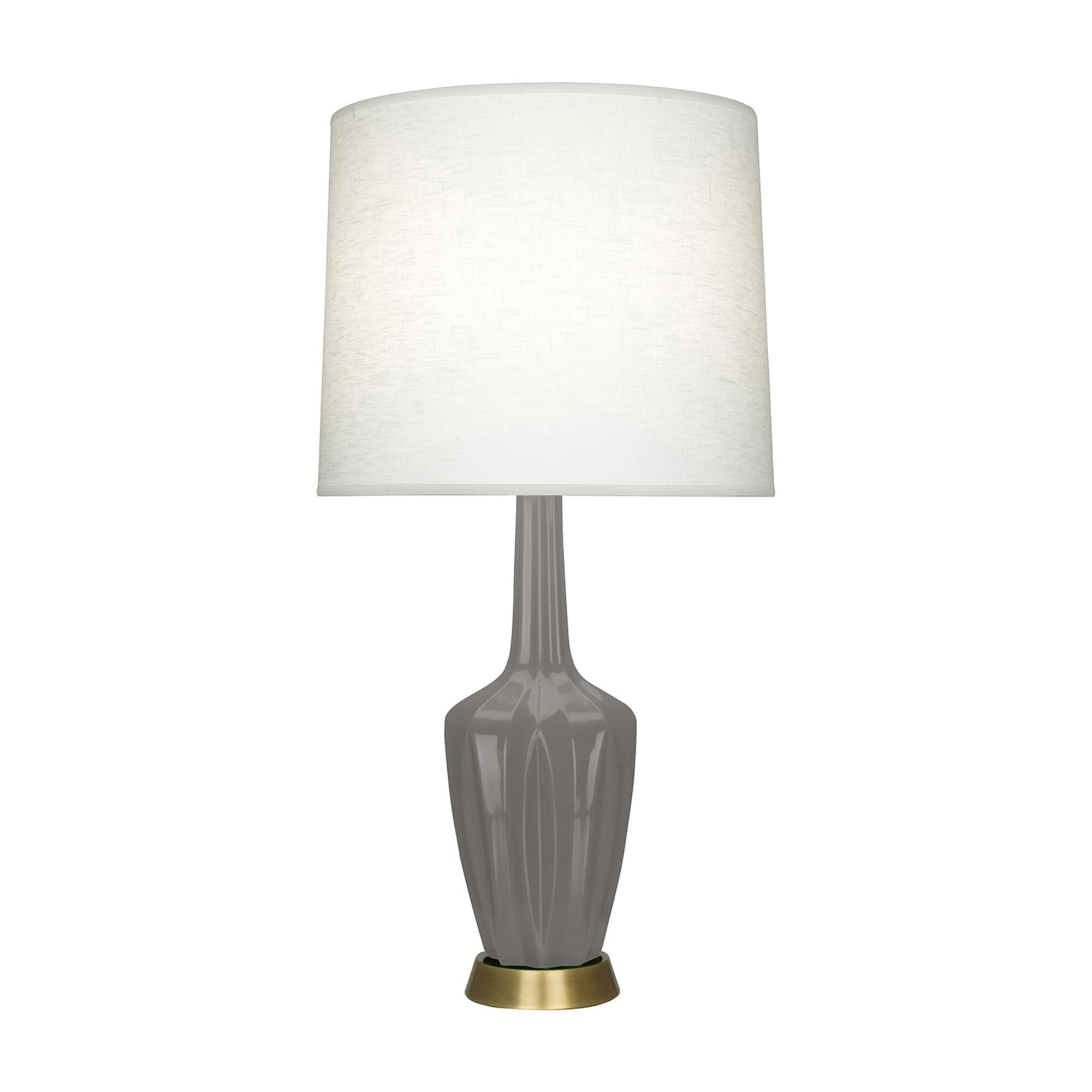 Shown in Smokey Taupe finish and Off White shade and Warm Brass accent
