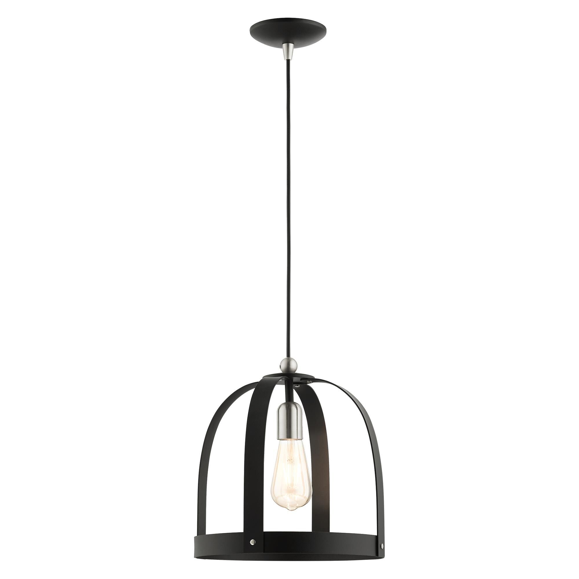 Shown in Textured Black finish and Textured Black Steel  With Brushed Nickel Accents shade