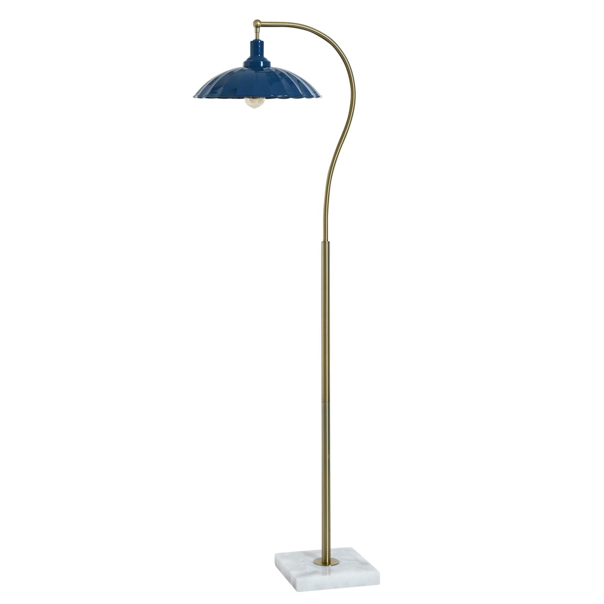 Shown in White Marble and Polished Brass finish and Glossy Navy shade
