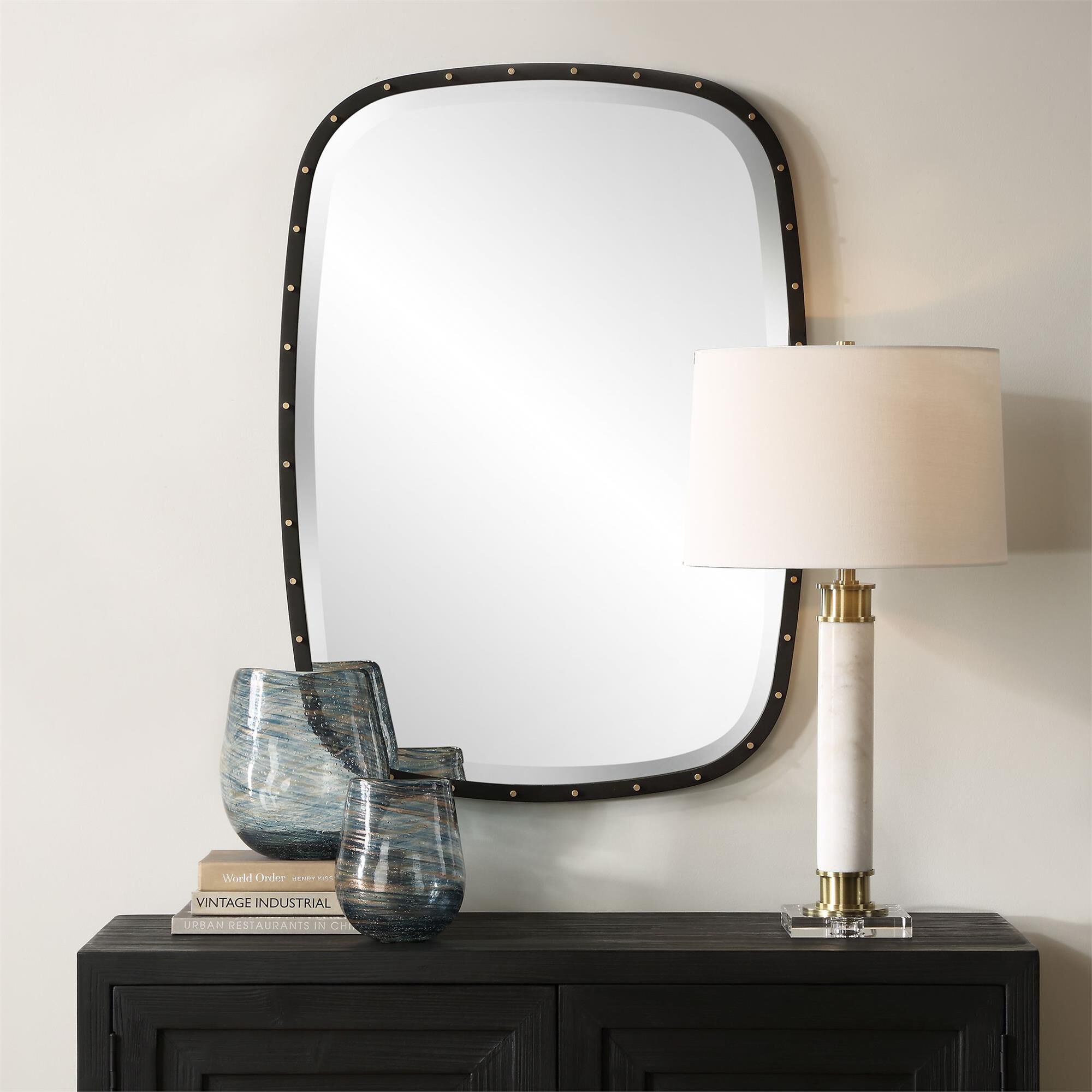 Shown in Industrial Chic Meets Modern Sophistication In This Mirror's Design. The Matte Black Iron Frame, Acc finish