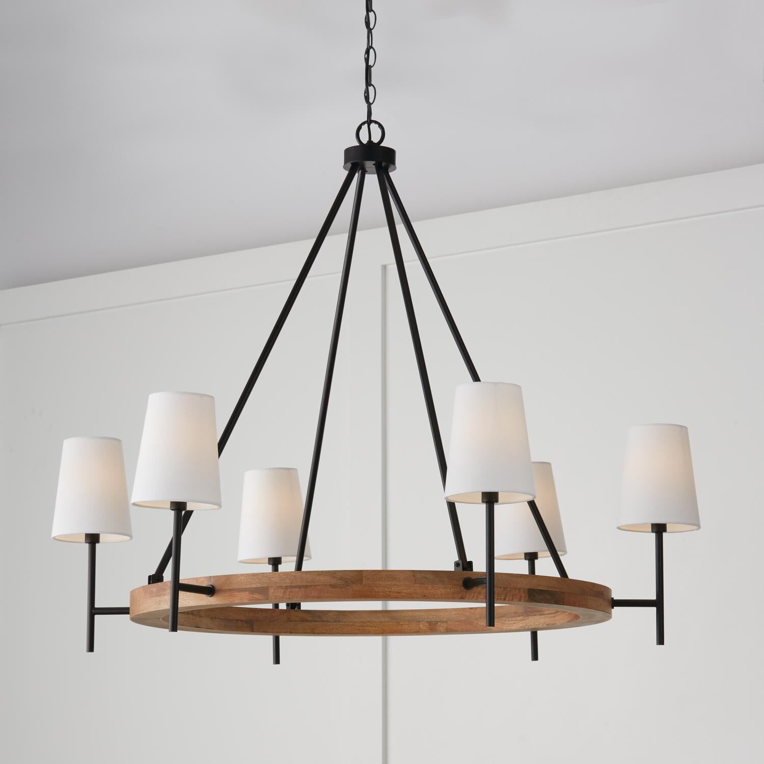 Shown in Light Wood And Matte Black finish and White Fabric Stay-Straight s shade