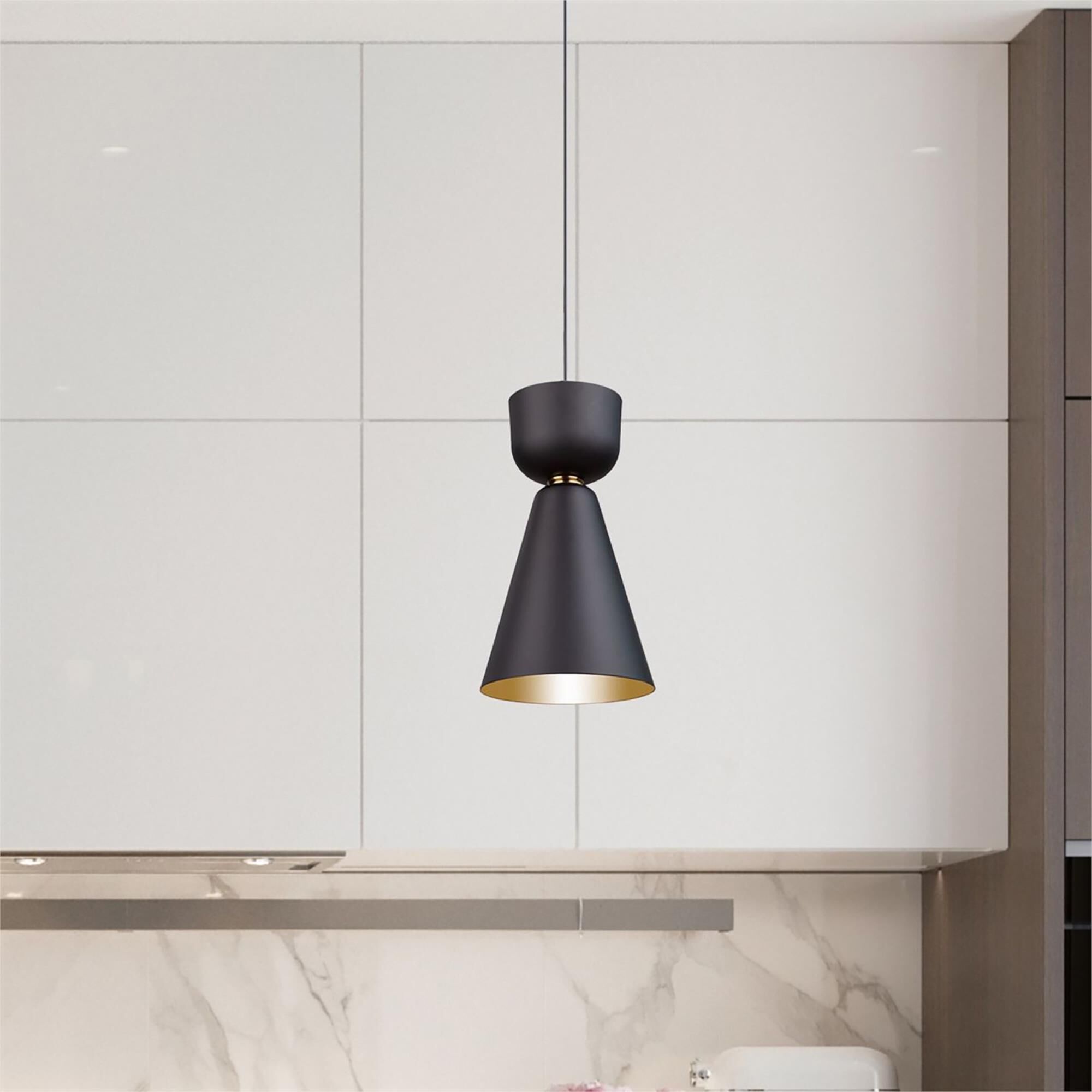 Shown in Matte Black and Brass finish and Black with Sand Gold Interior shade