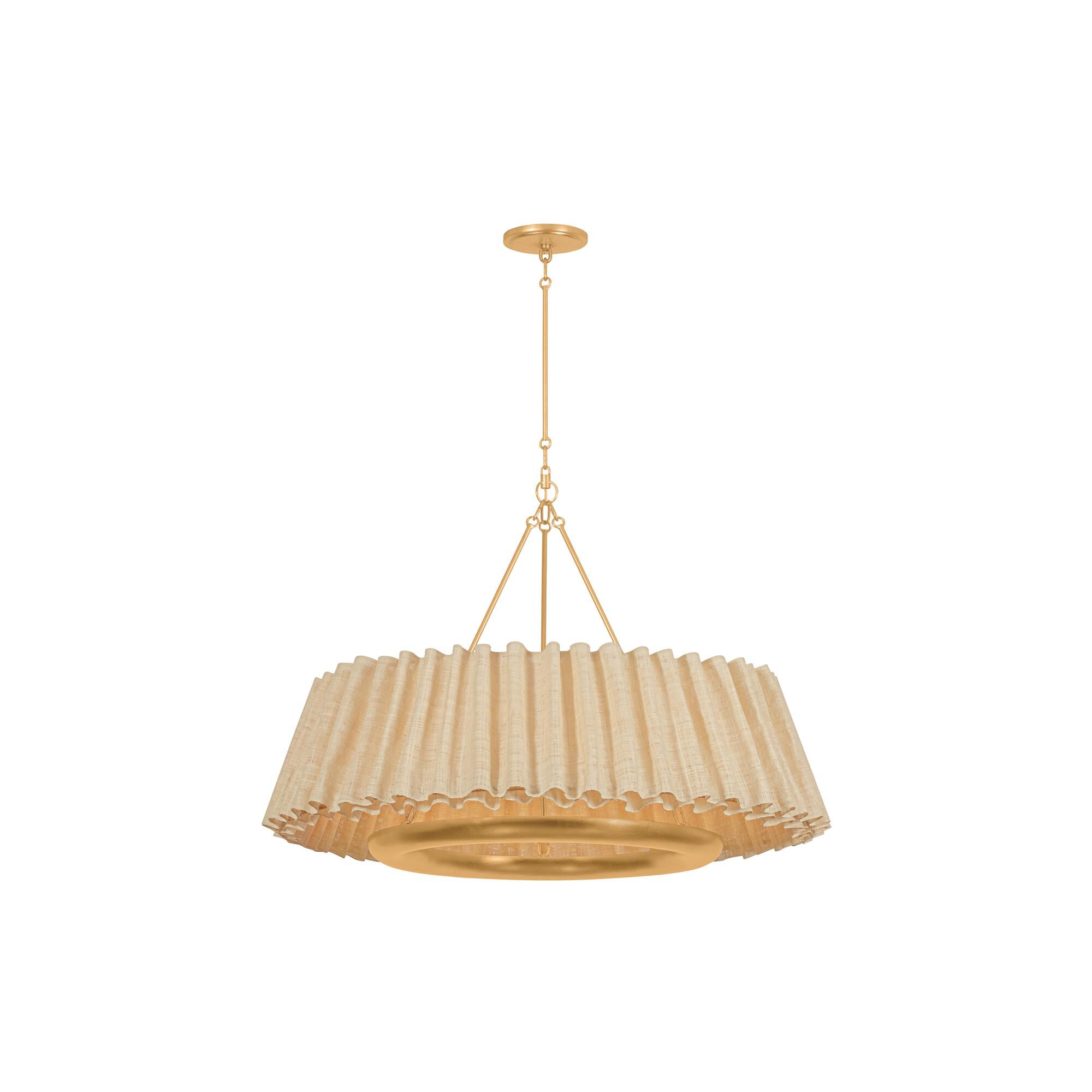 Shown in Vintage Gold Leaf finish and Raffia Ruffle Natural Woven shade