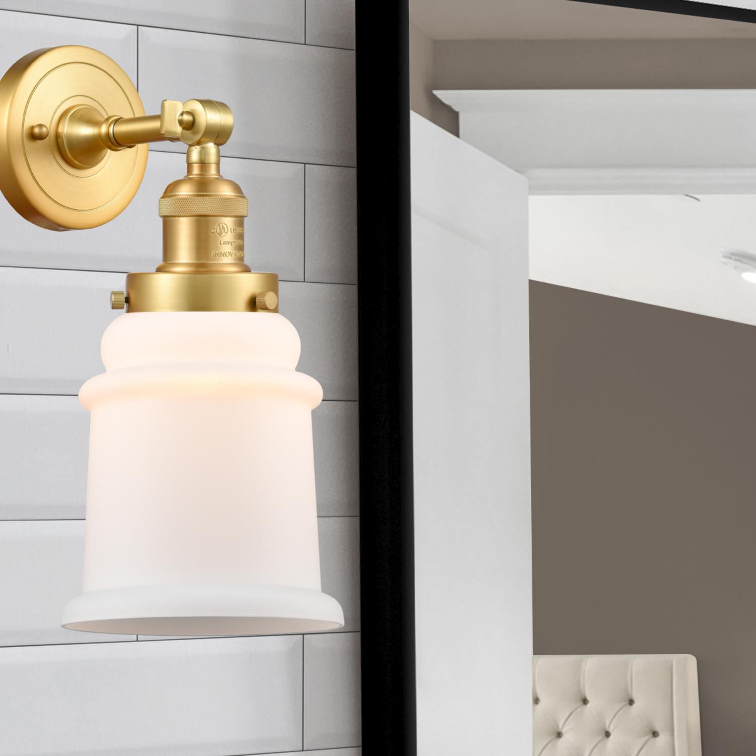 Shown in Satin Gold finish and Matte White Canton glass