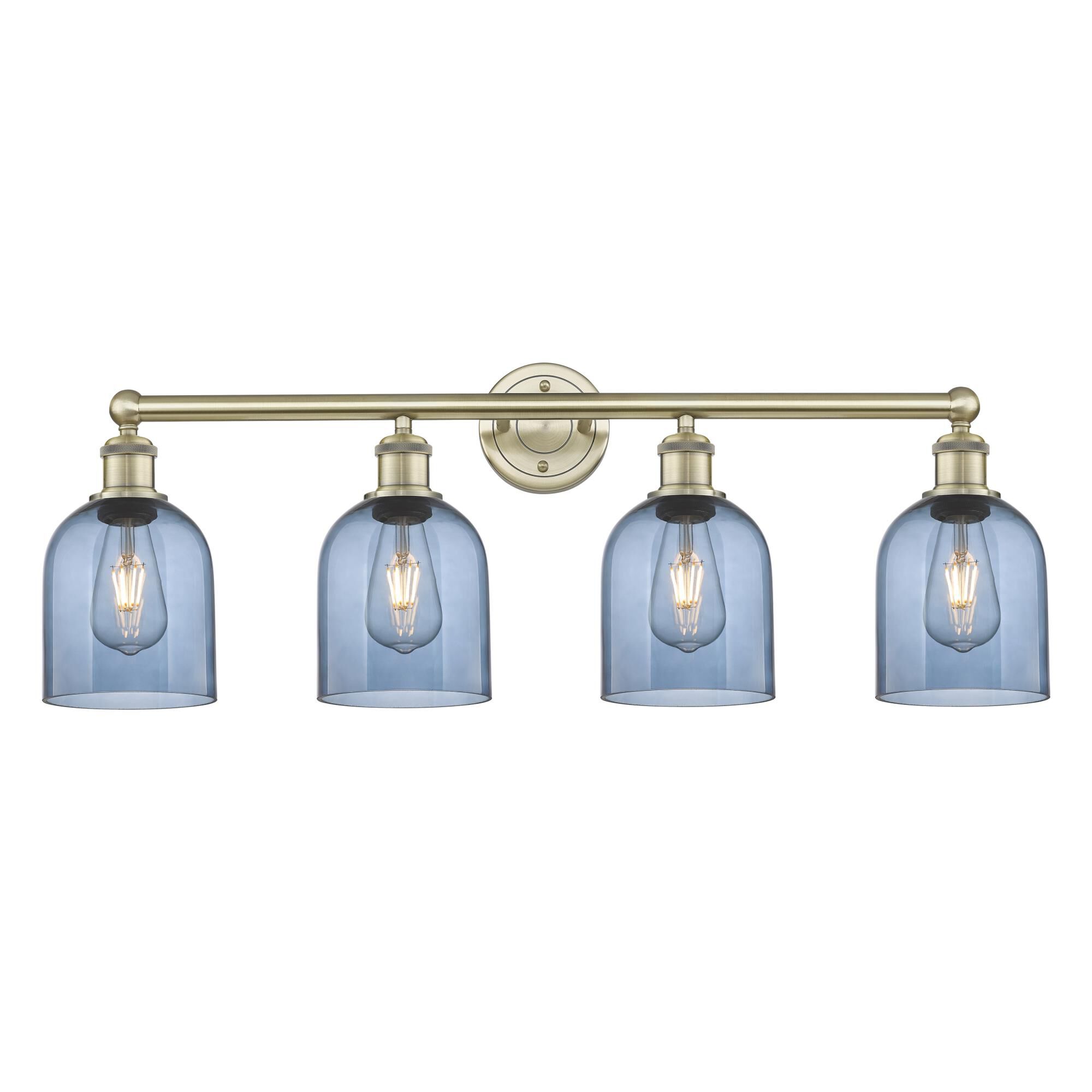 Shown in Antique Brass finish and Princess Blue glass