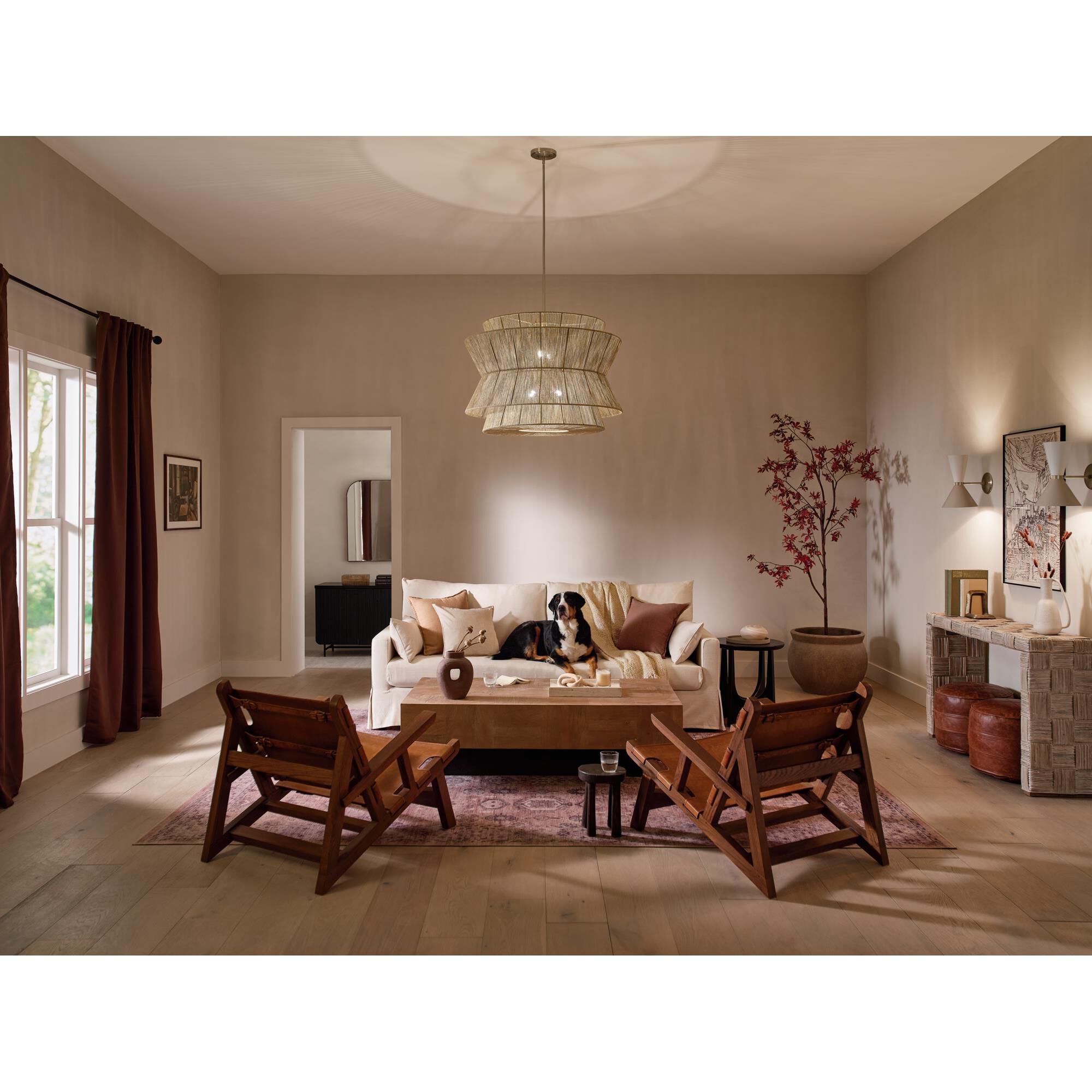 Shown in Champagne Bronze finish and Natural Fibers Textured shade