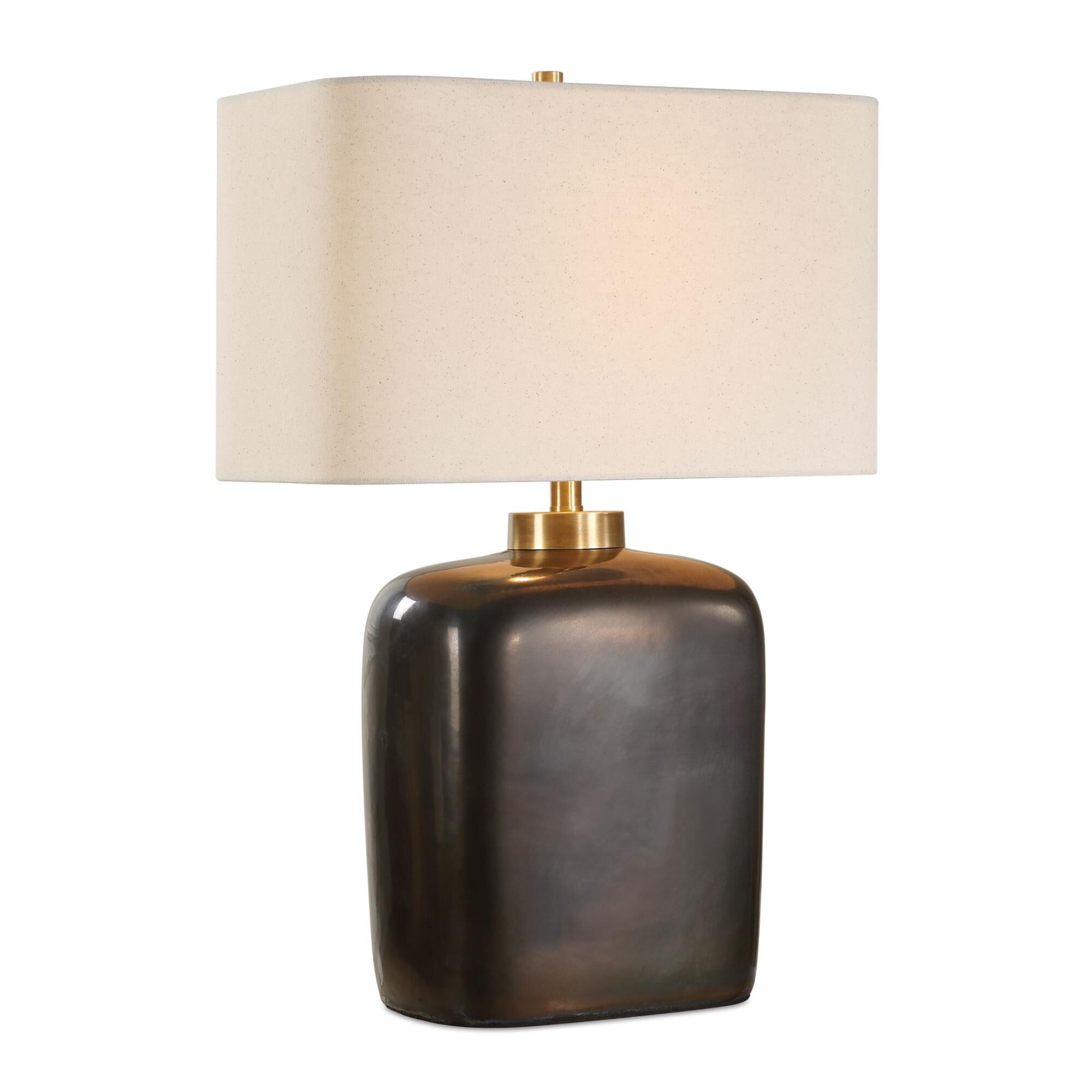 Shown in Bronze finish and Rectangle Fabric shade