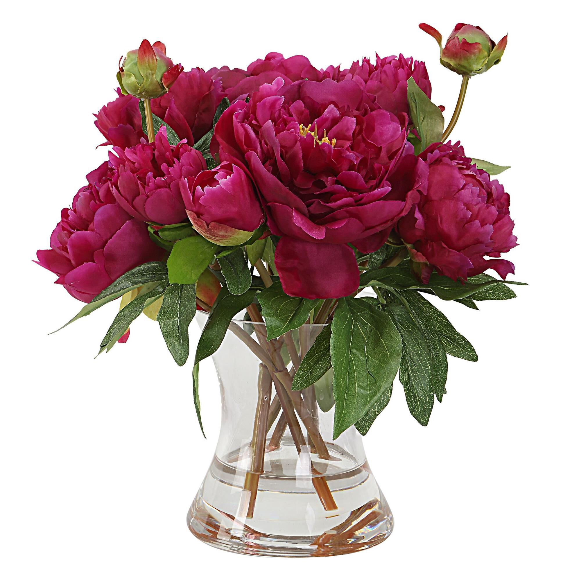 Shown in A Vivid Bunch Of Lush Fuchsia Peony Cuttings Placed In A Fluted, Clear Glass Vase With Faux Water. finish