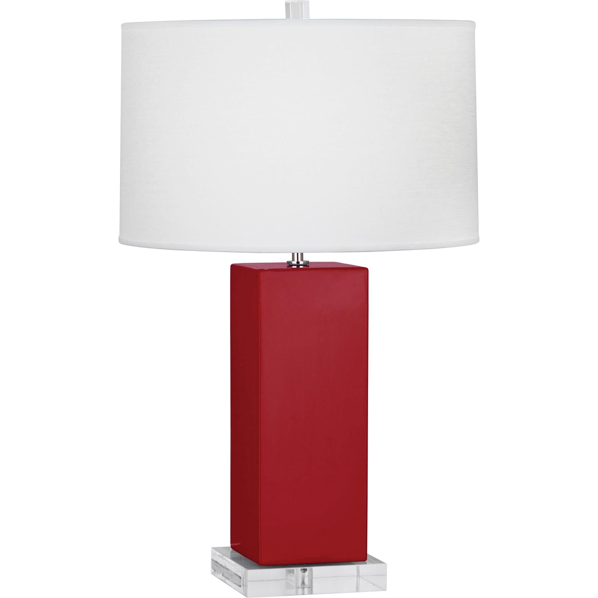 Shown in Ruby Red Glazed Ceramic finish and Oyster Linen shade