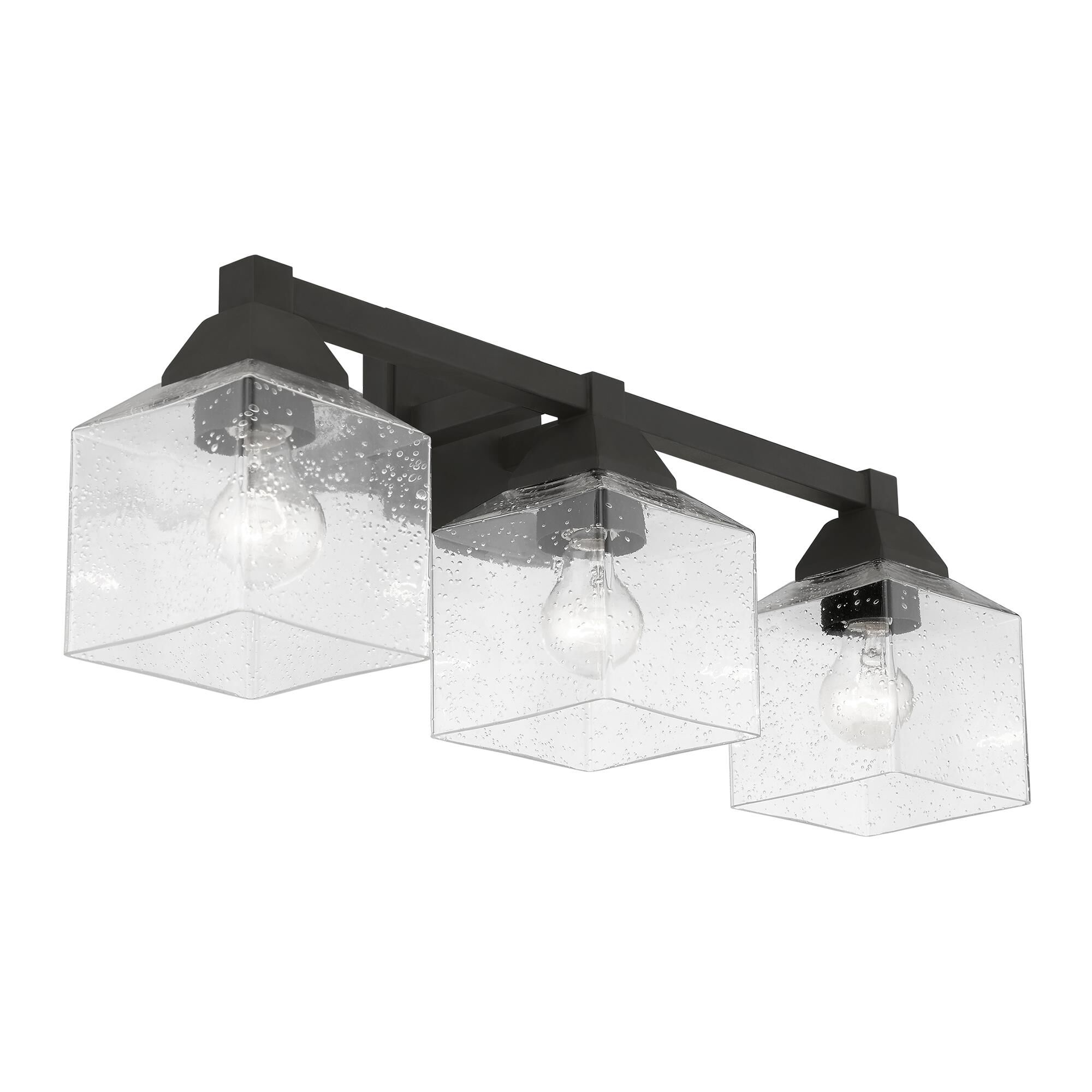 Shown in Black finish and Hand Blown Clear Seeded glass