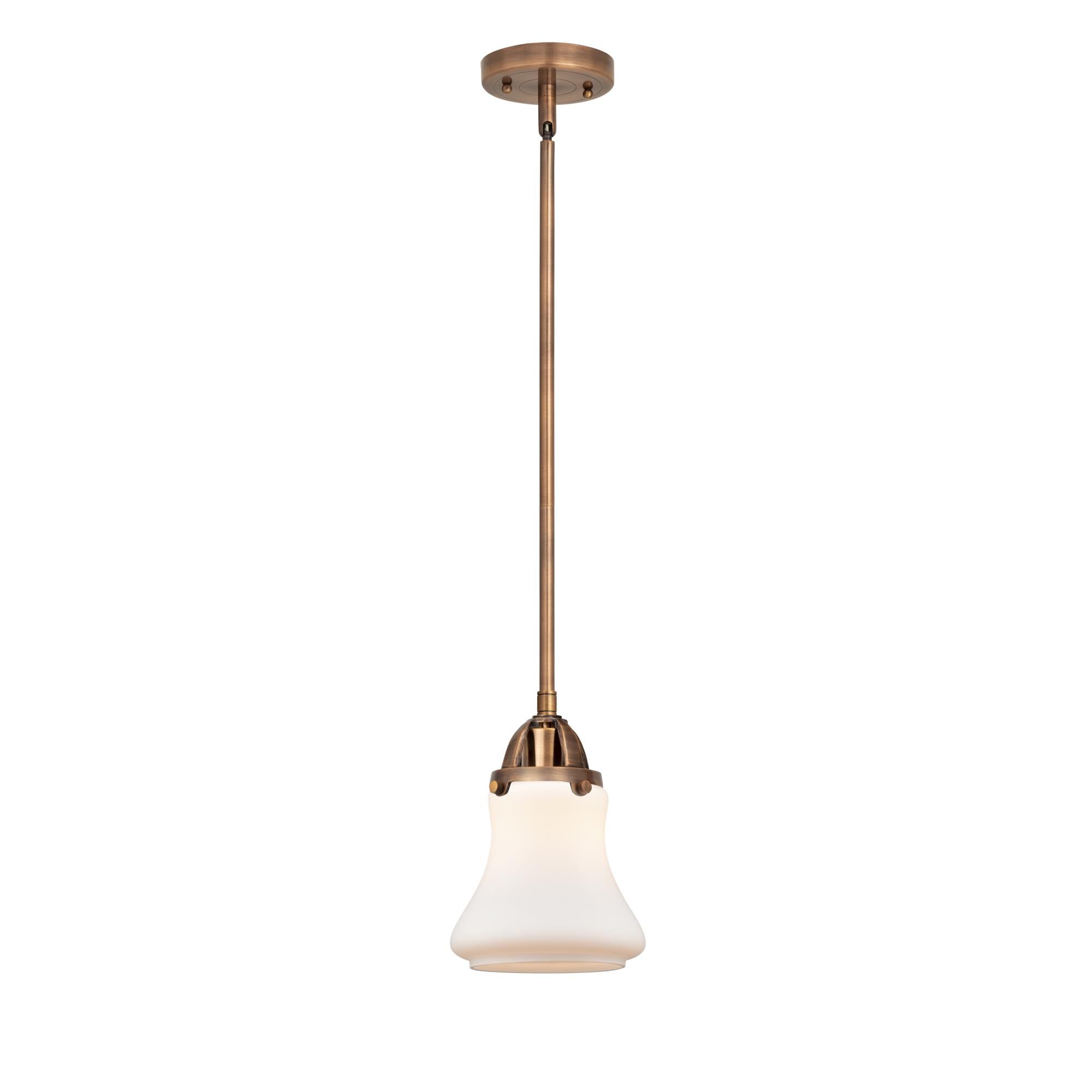 Shown in Antique Copper finish and Matte White Bellmont glass and No Shade shade