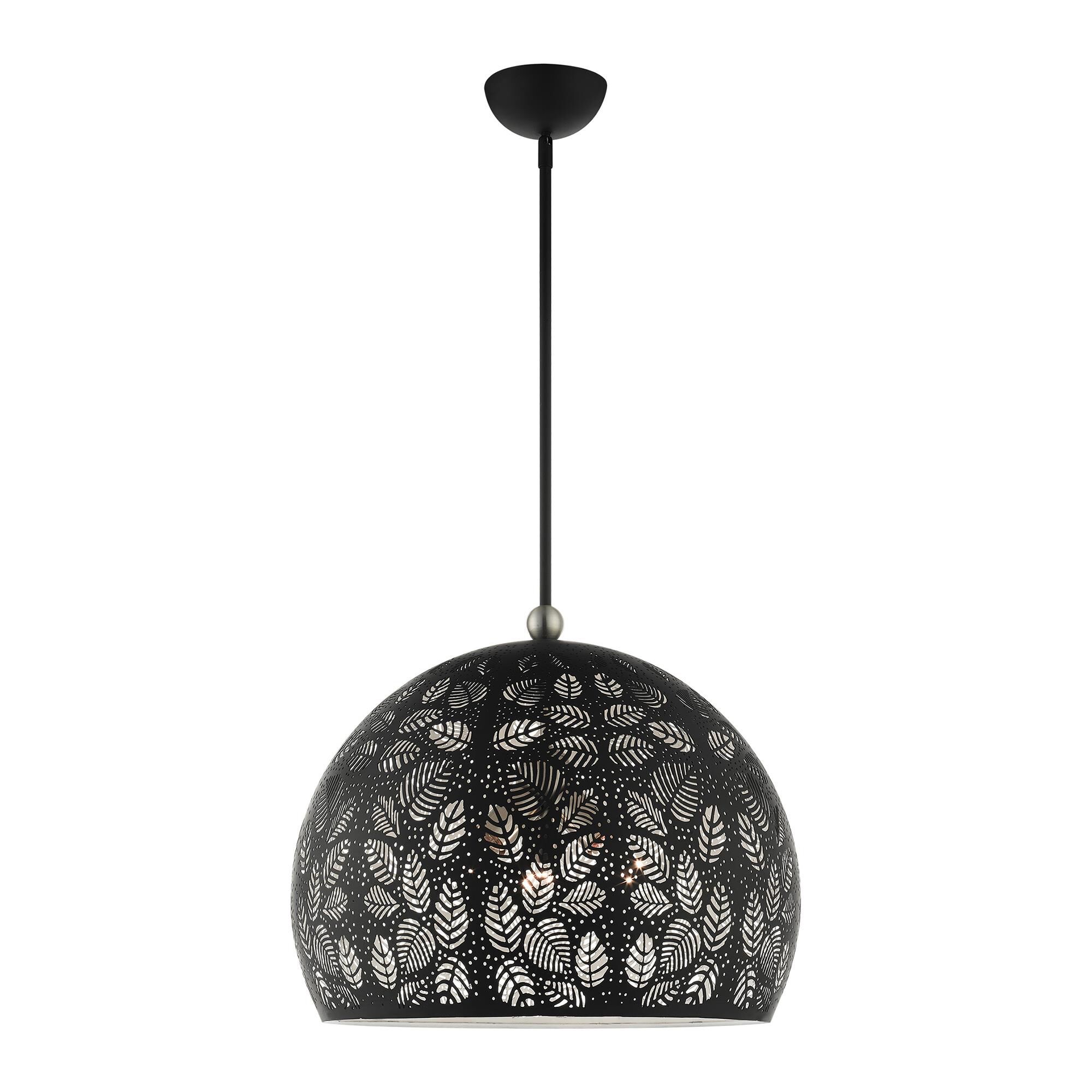 Shown in Black With Brushed Nickel Accents finish and Ornamental Metal Shade/ Black/ White Finish Inside glass and Ornamental Metal / Black/ White Finish Inside shade