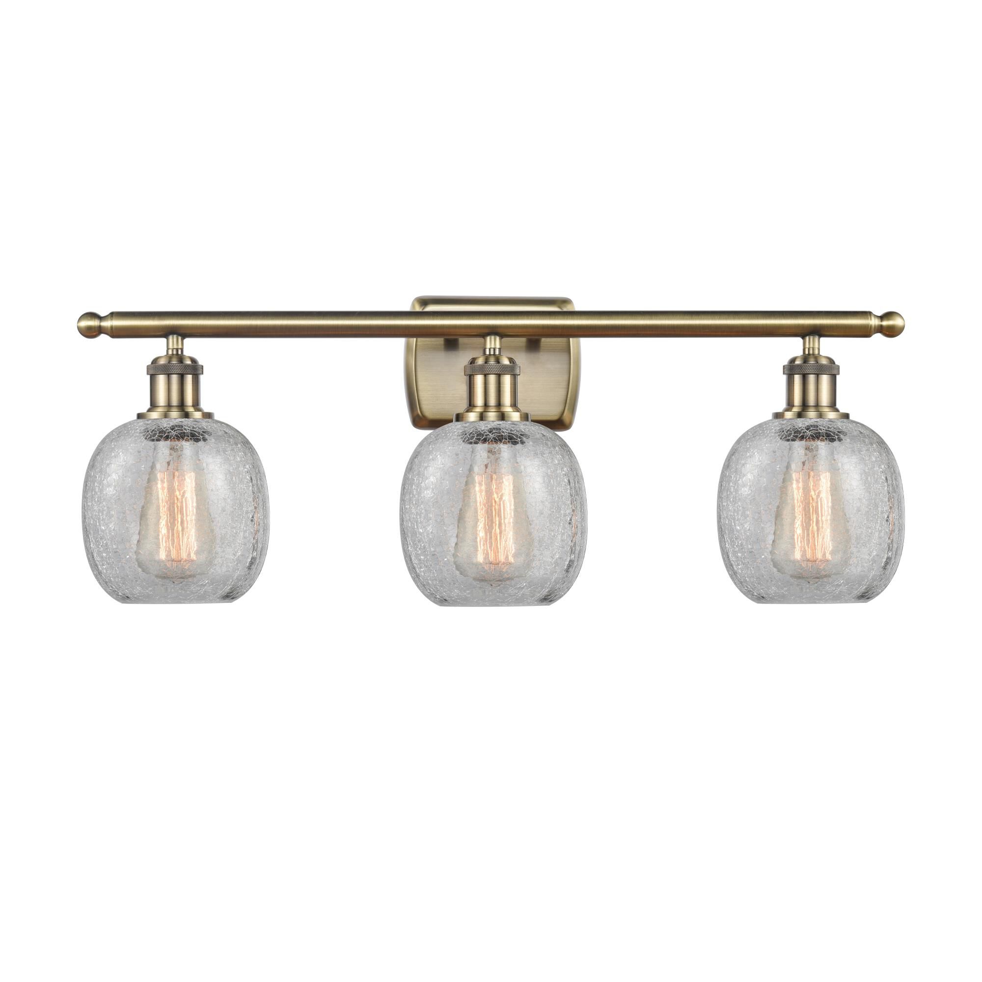 Shown in Antique Brass finish and Clear Crackle Belfast glass and None shade