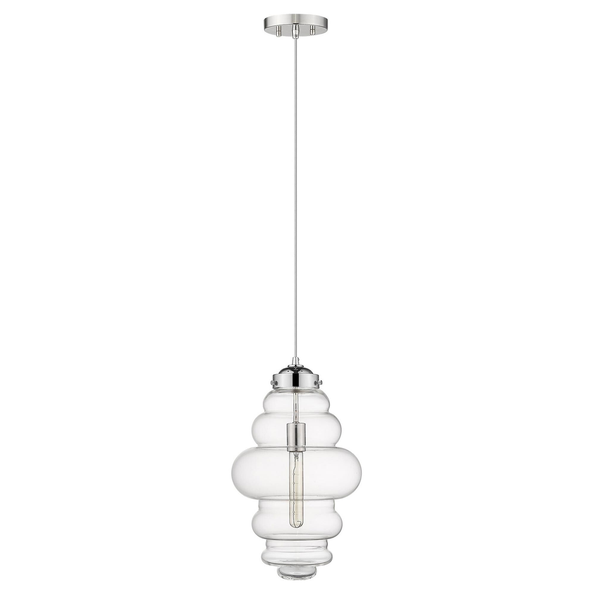 Shown in Polished Nickel finish and Clear glass and Clear, Abstract Shaped Glass Globes shade